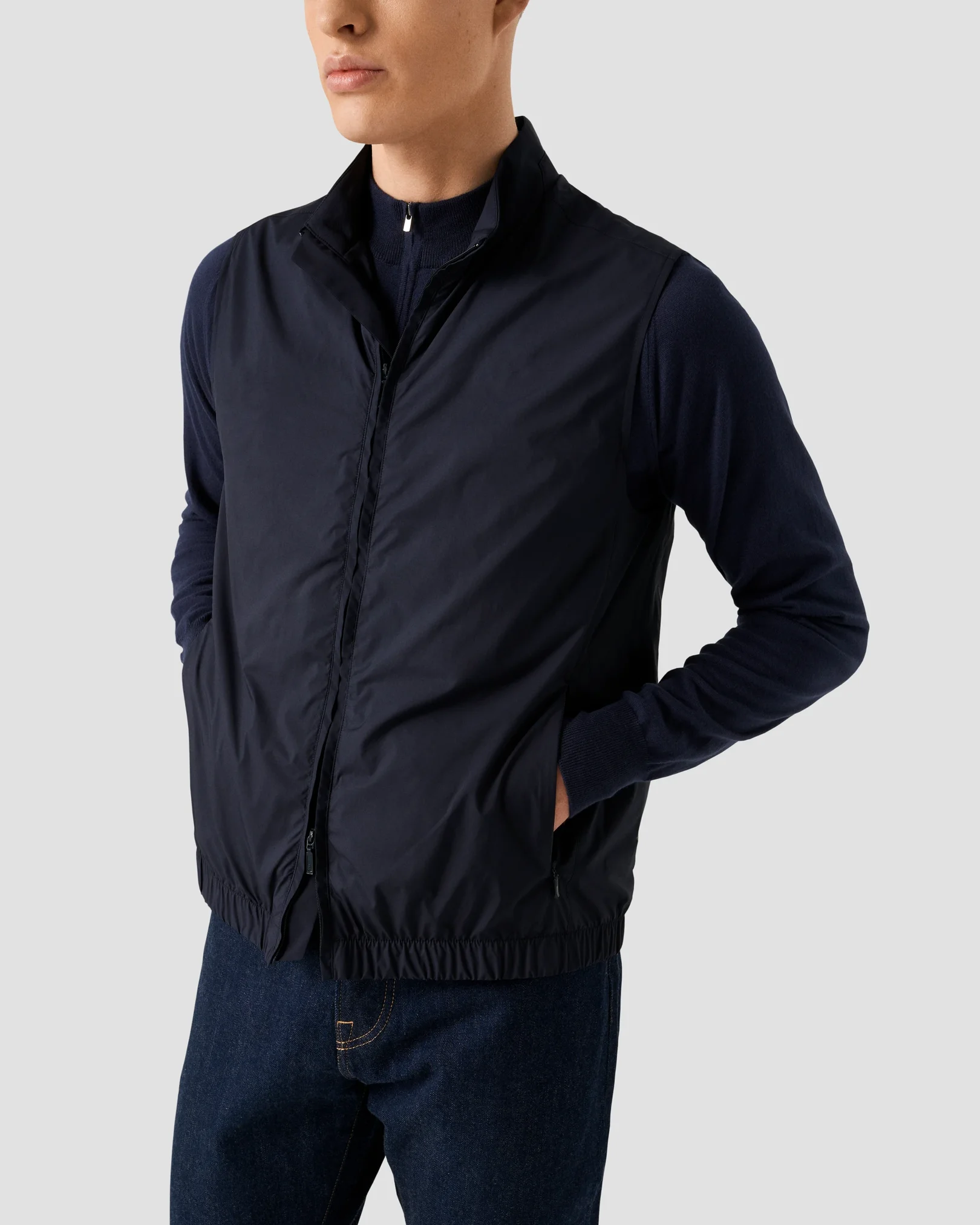 Eton - navy blue solid wind vest with elastic hem