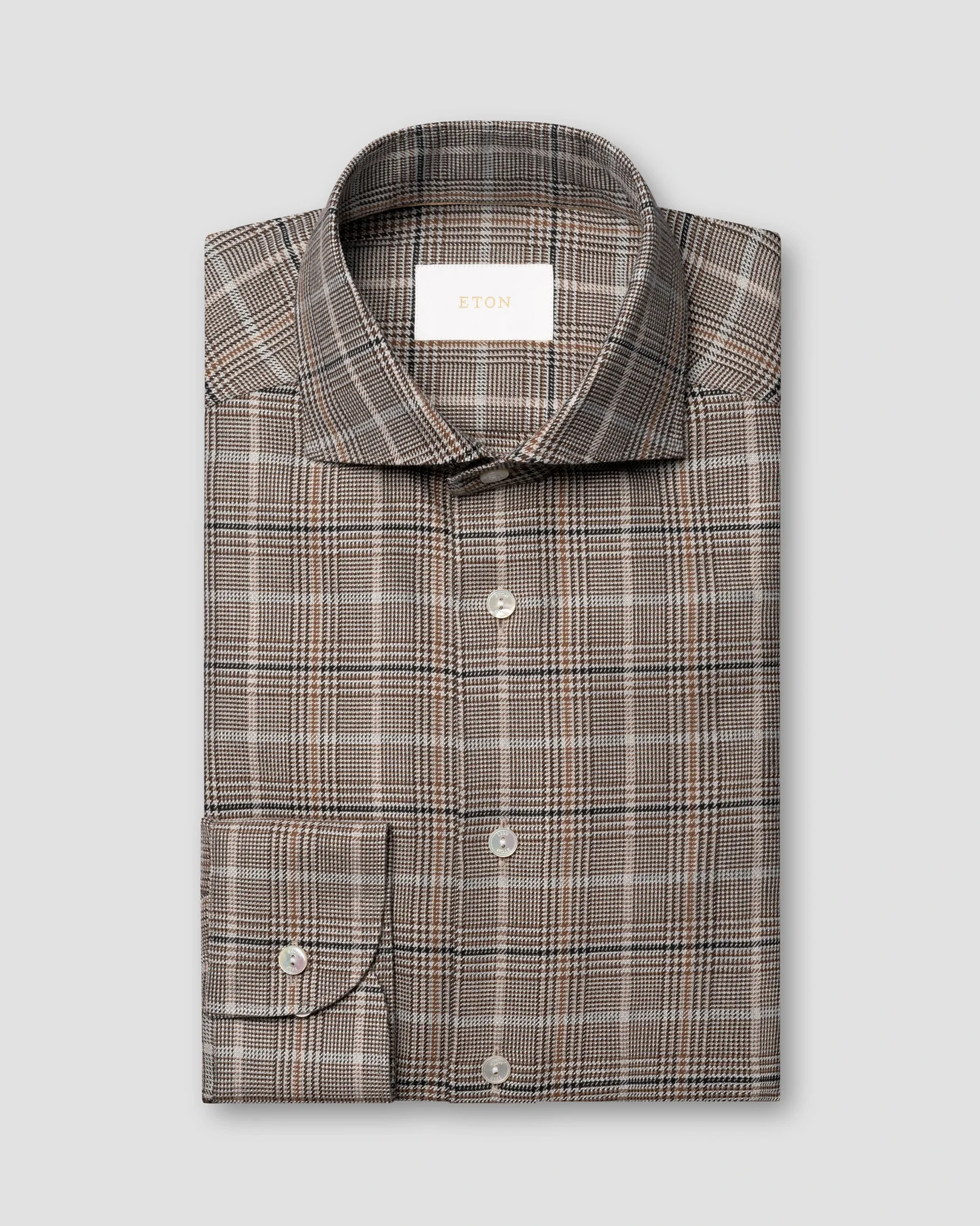Eton - dark brown plaid check cotton silk cashmere shirt