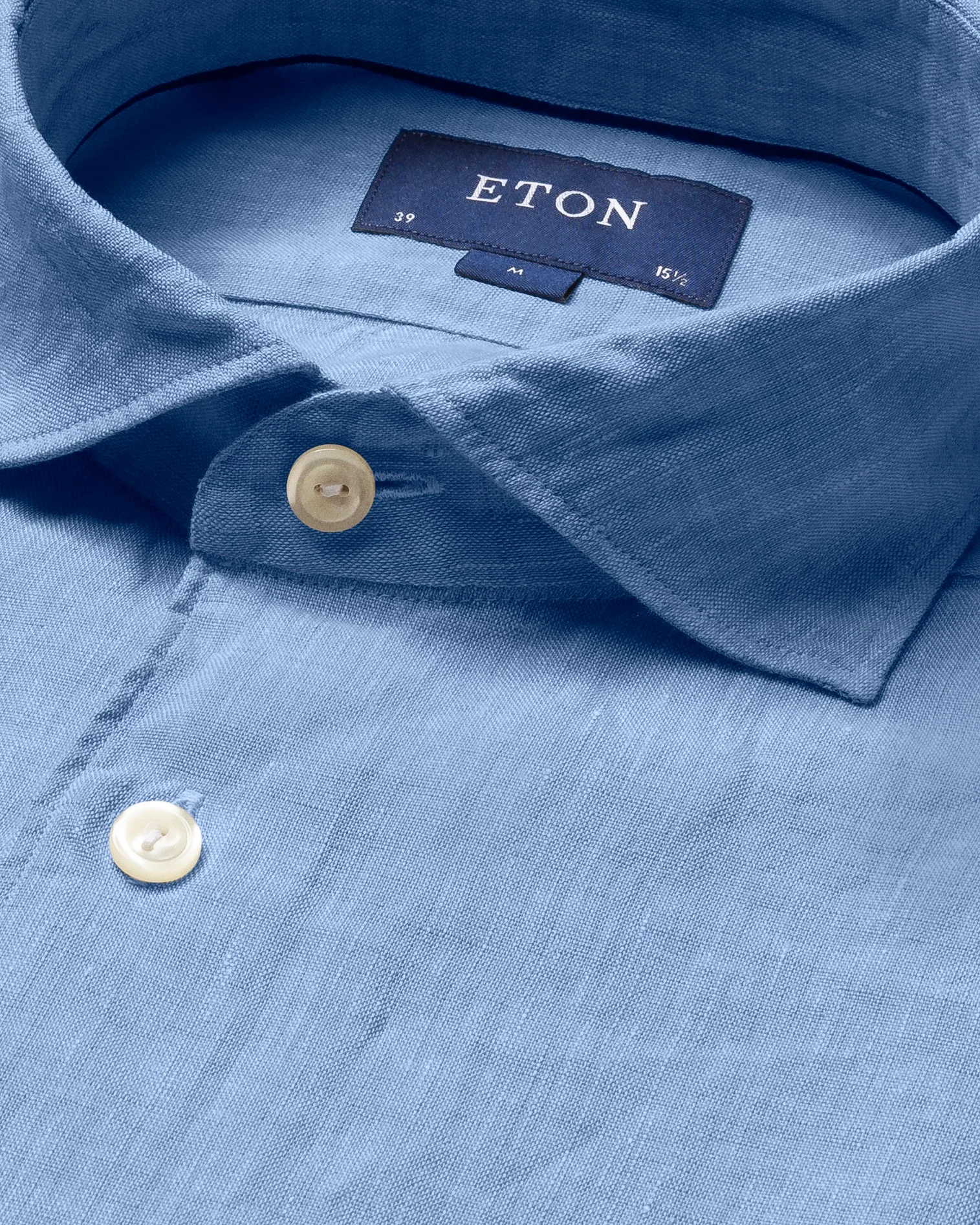 Eton - mid blue linen wide spread single rounded slim soft