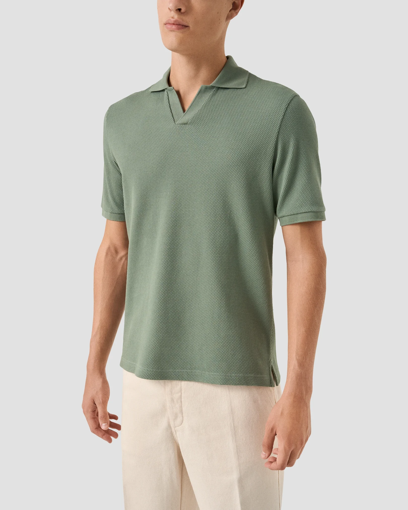 Eton - mid green waffle open collar polo shirt