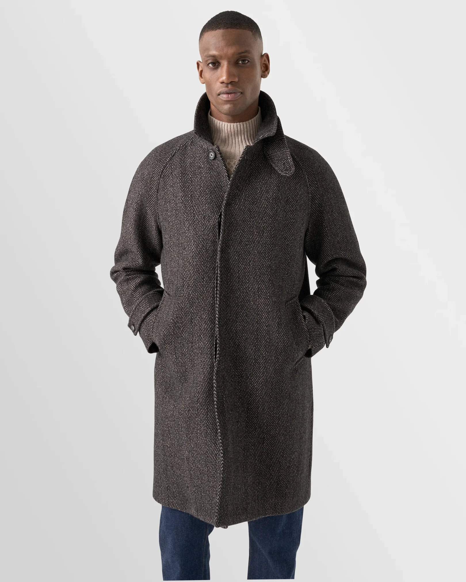 Eton - dark brown wool cashmere herringbone raglan coat