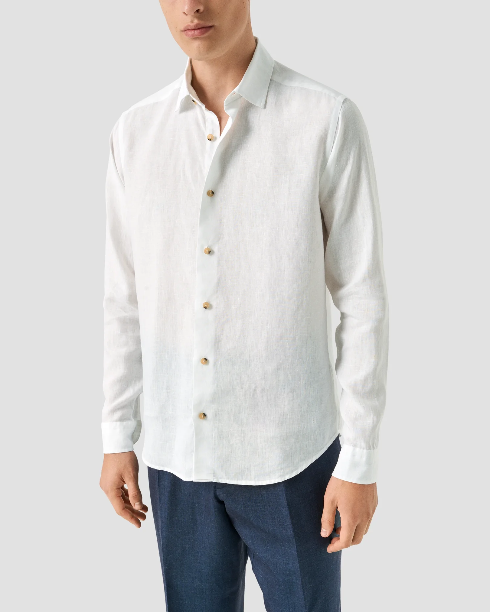 Eton - white solid linen shirt spread collar