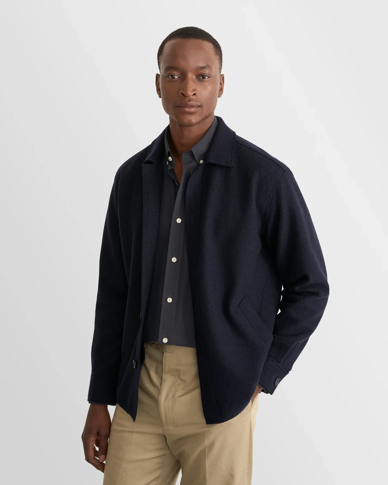 Eton - navy blue solid peached poplin shirt