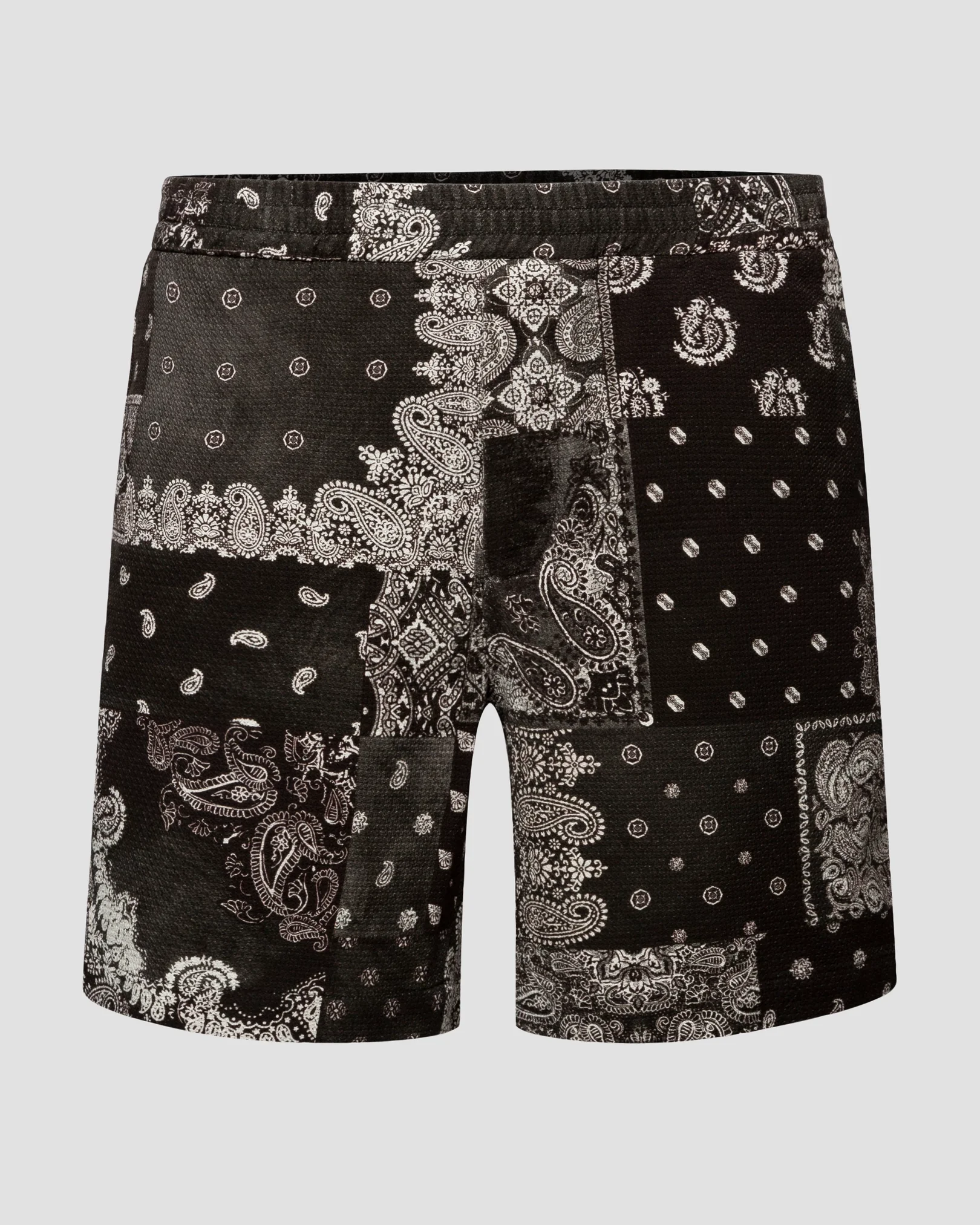 Black Dobby Shorts – Monochrome Patchwork Print