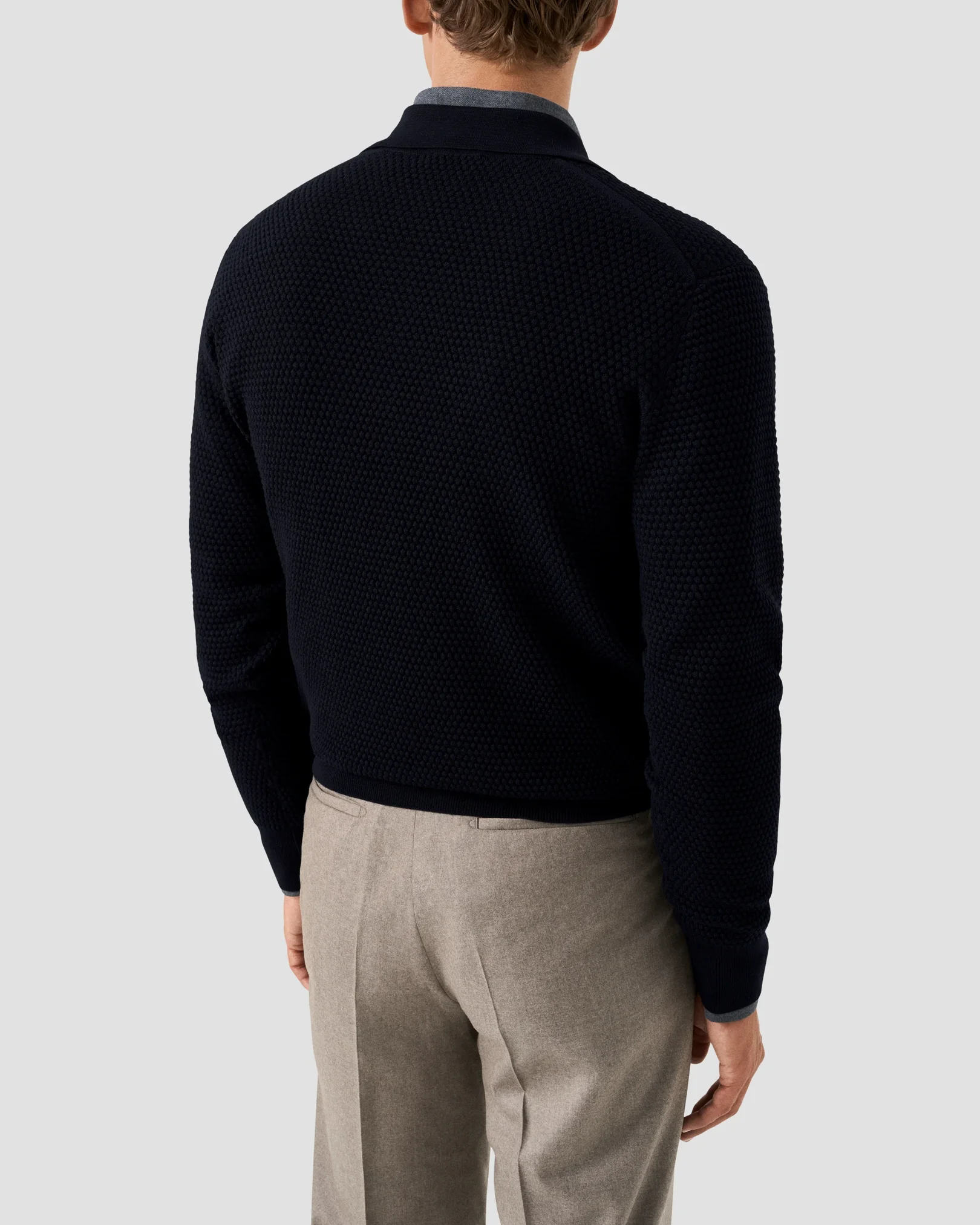 Eton - navy merino structure long sleeve polo