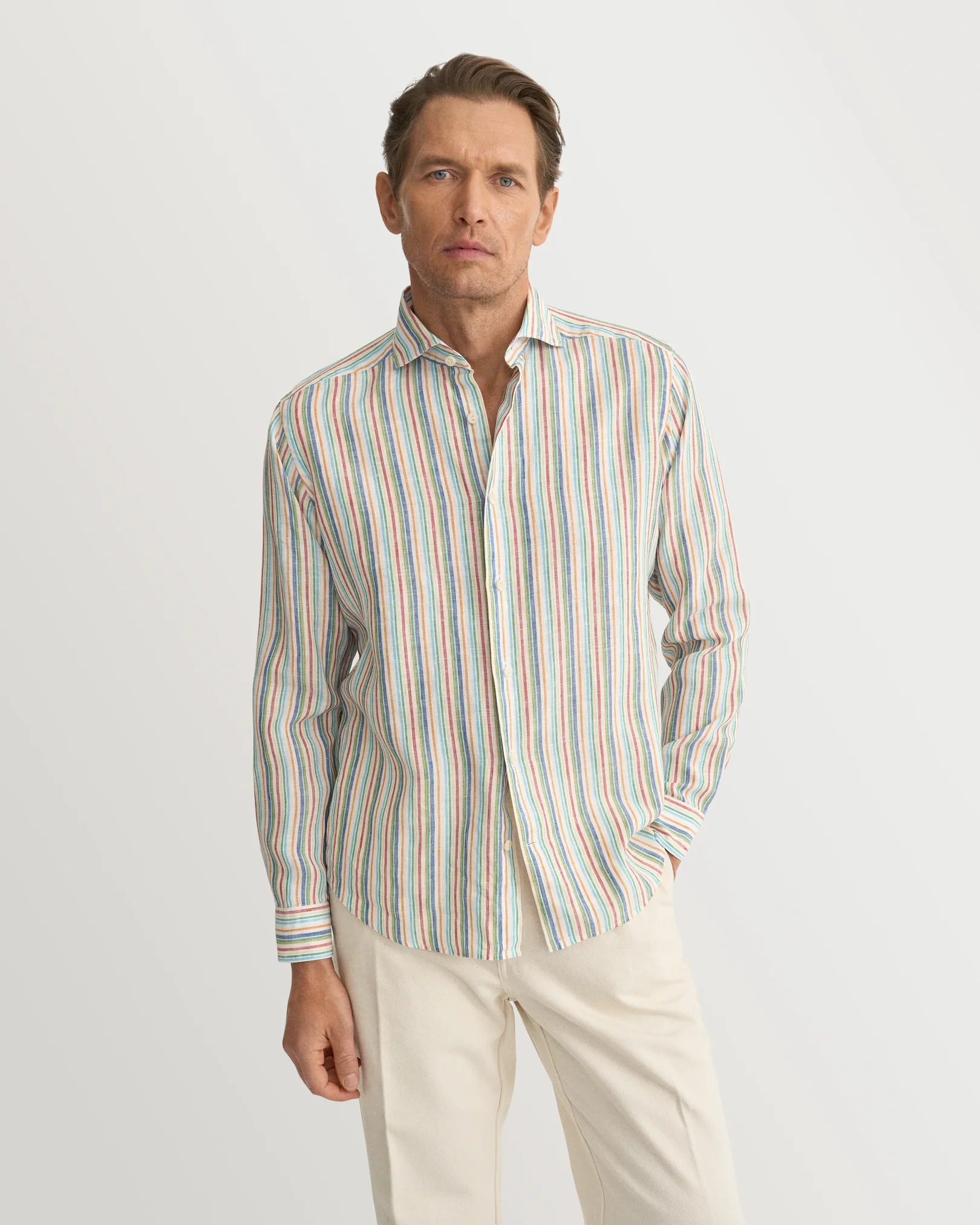 Eton - multi striped linen shirt wide spread rounded single casual fit