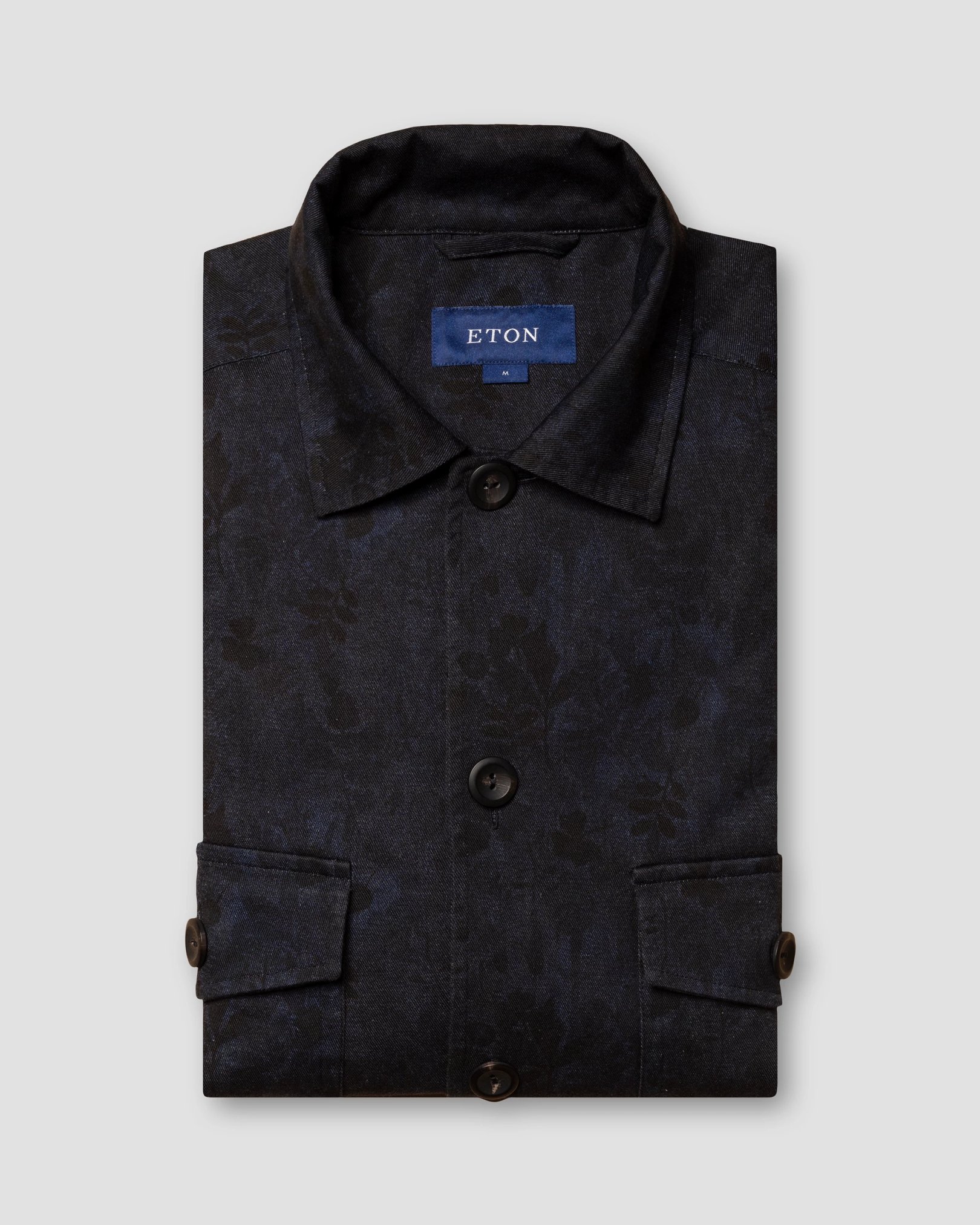 Eton - dark blue gabardine print turn down single cuff pointed strap regular