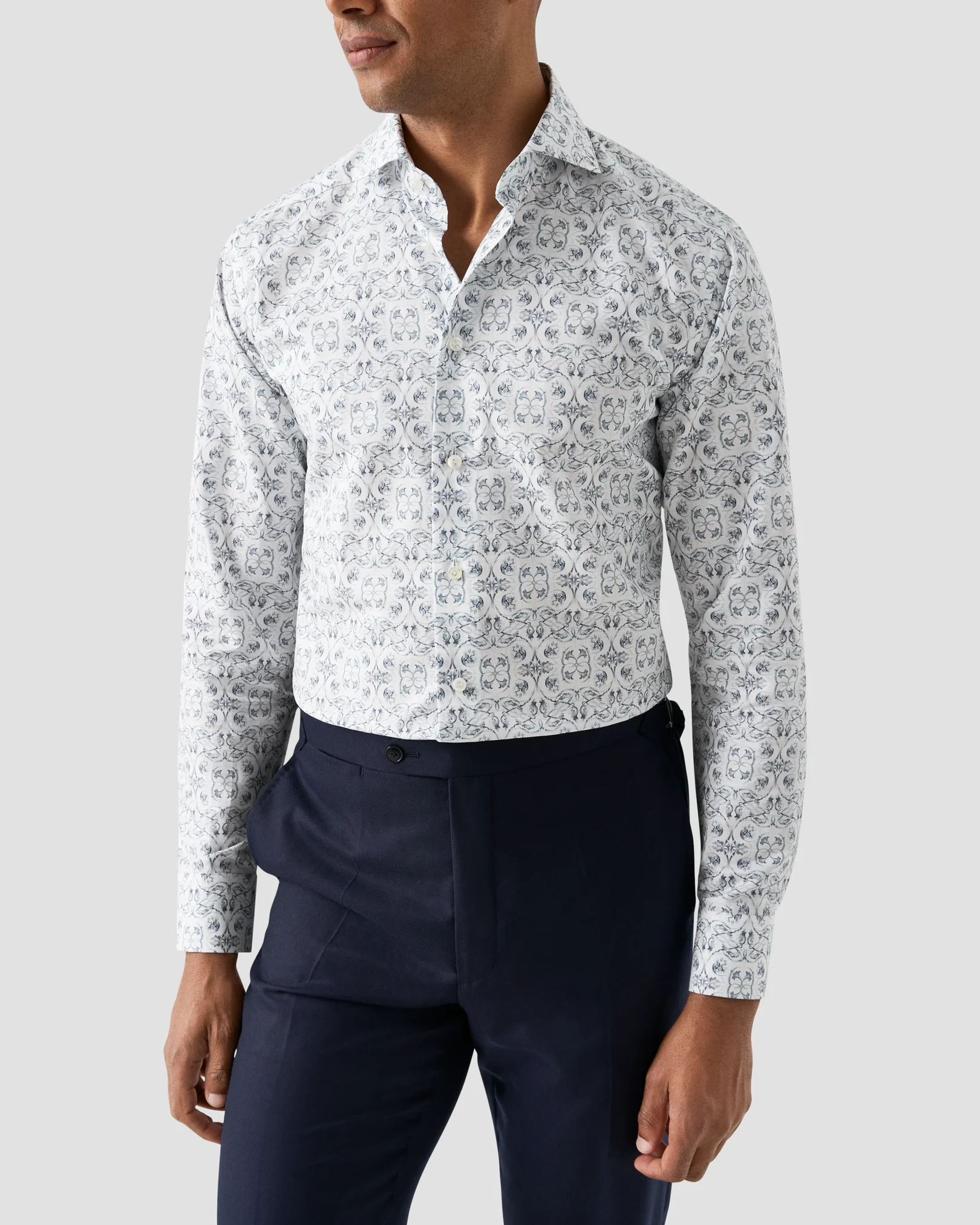 Eton - light blue floral cotton linen shirt