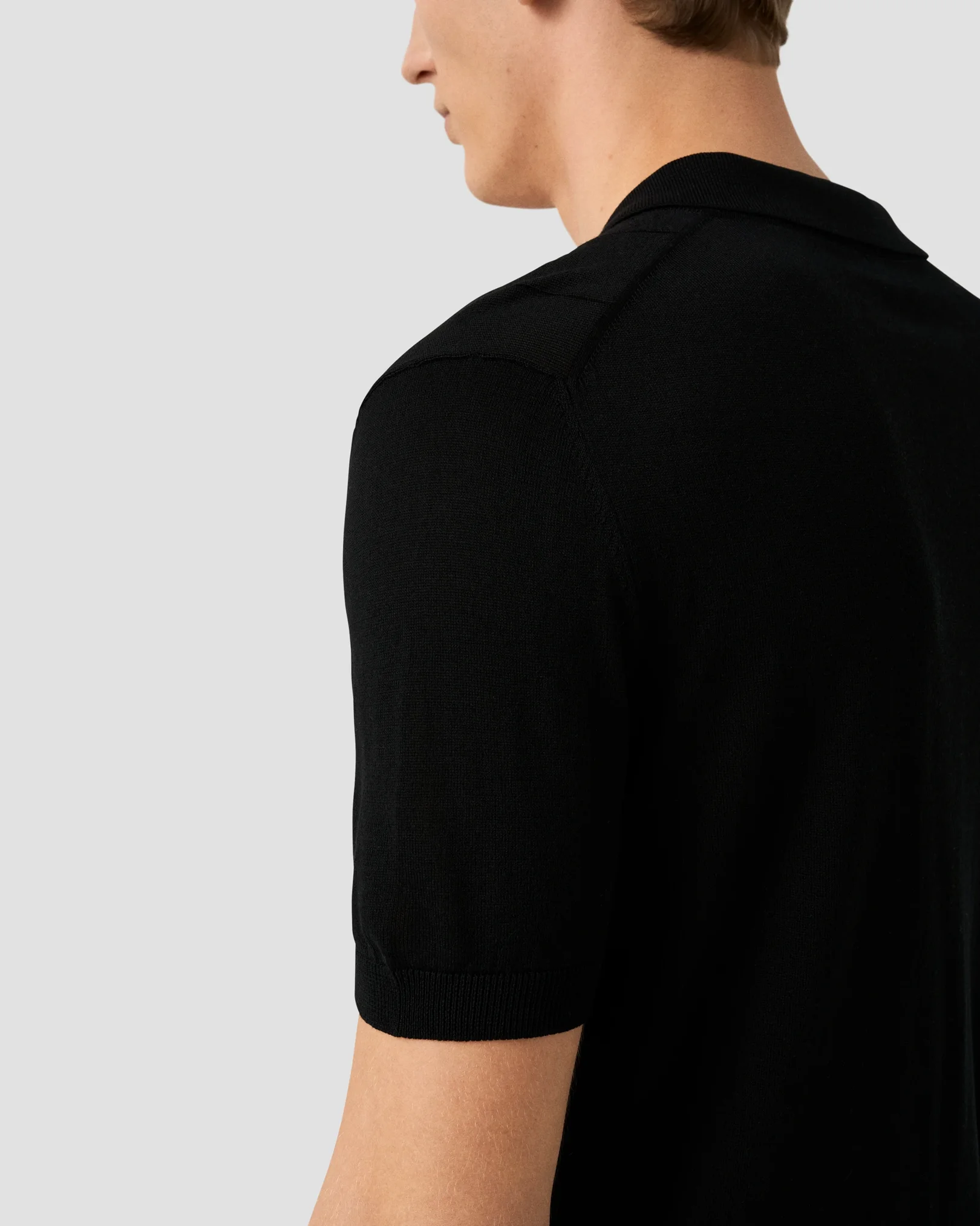 Eton - black cotton and silk open collar fine knit polo shirt