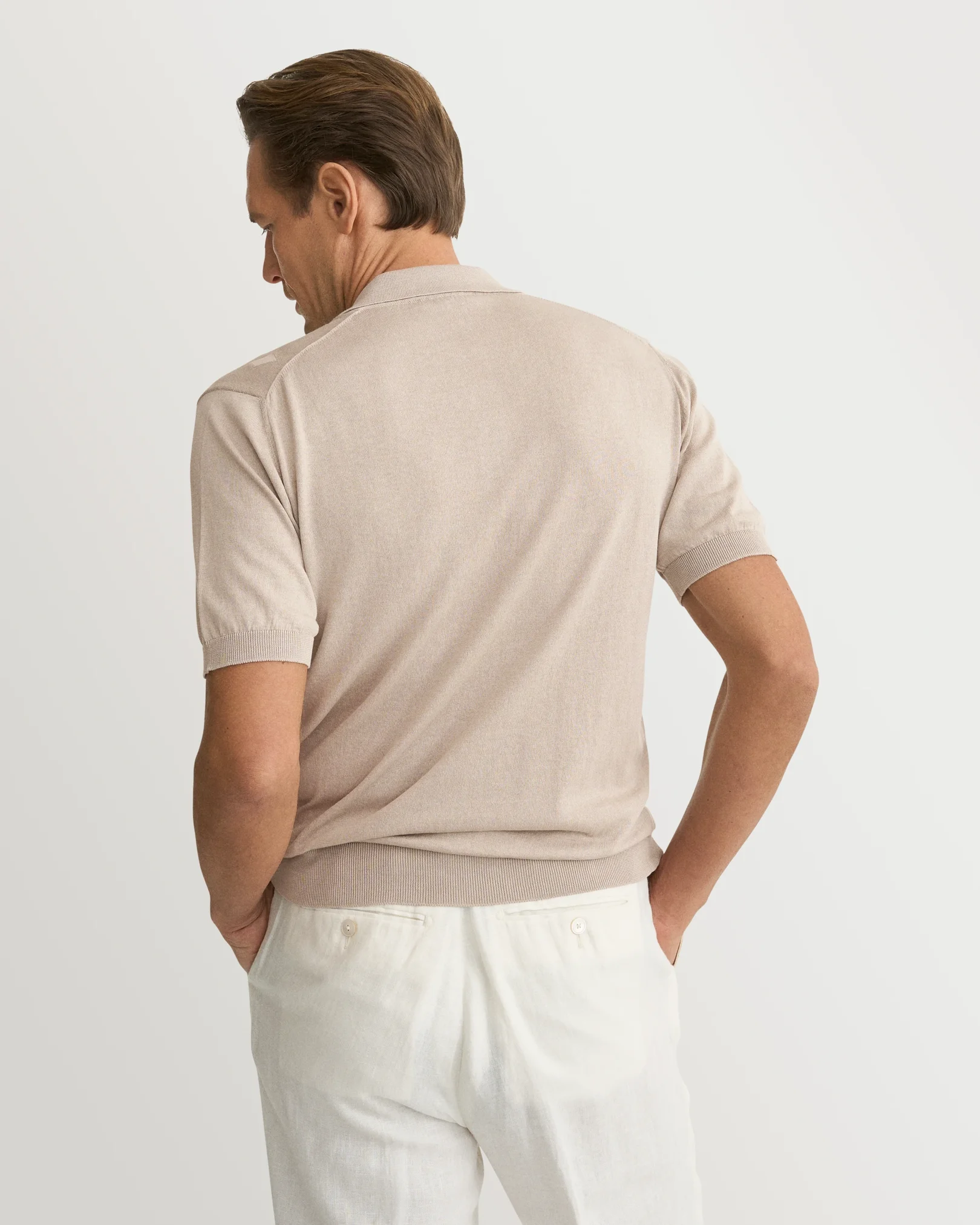 Eton - beige cotton and silk open collar fine knit