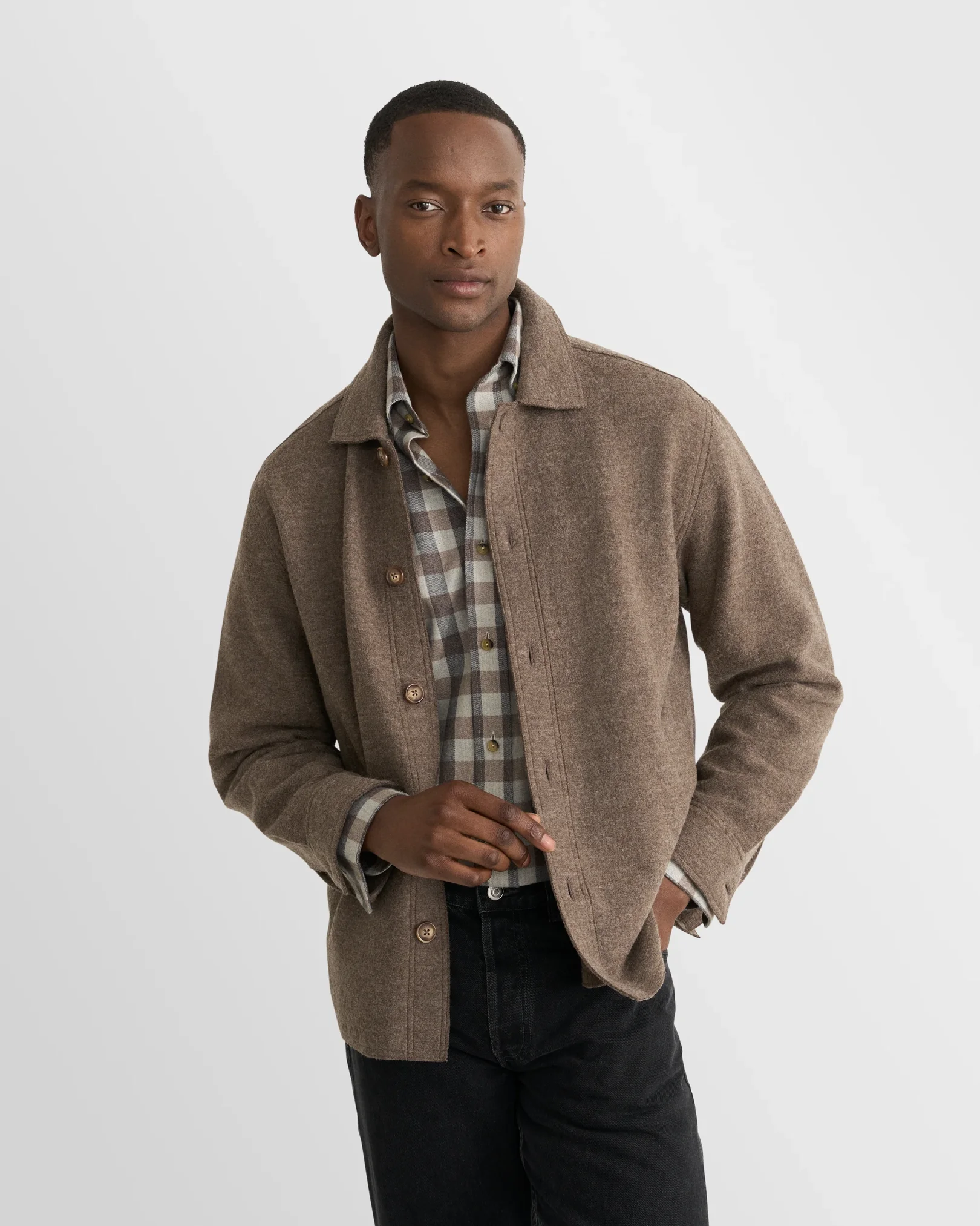 Eton - beige block check flannel shirt