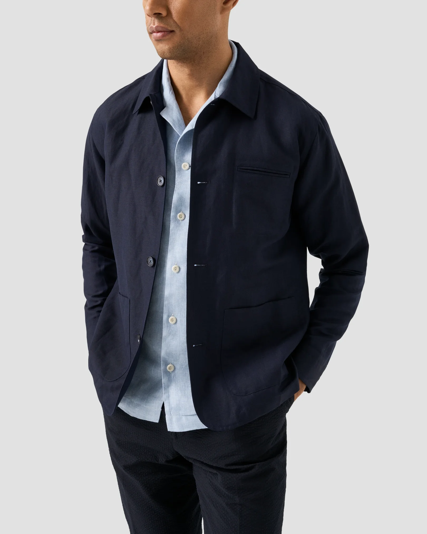 Eton - light blue solid linen twill resort shirt