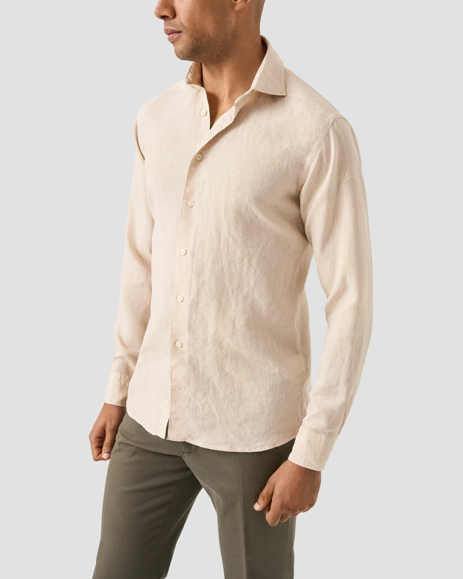 Eton - beige solid plain weave linen shirt