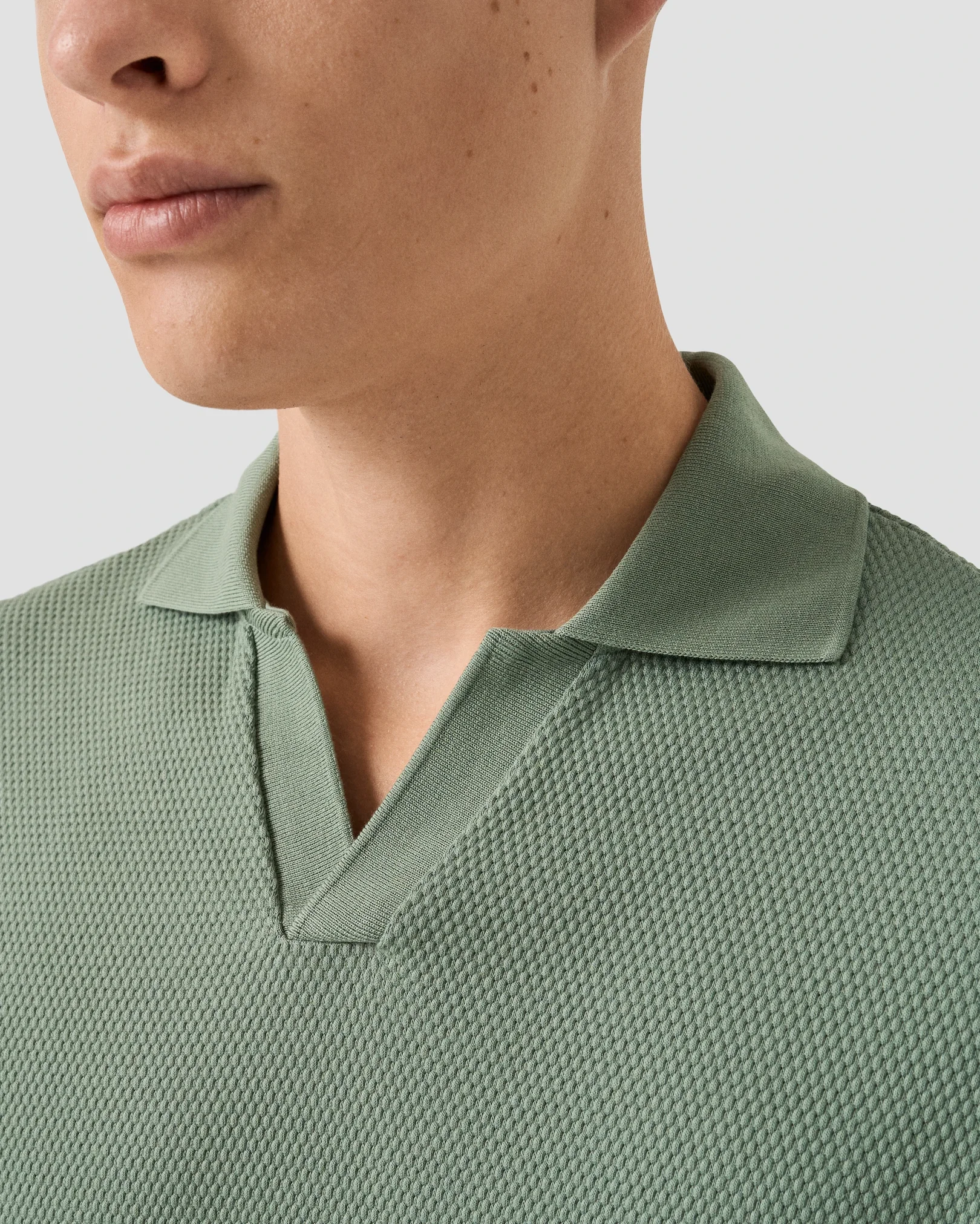 Eton - mid green waffle open collar polo shirt