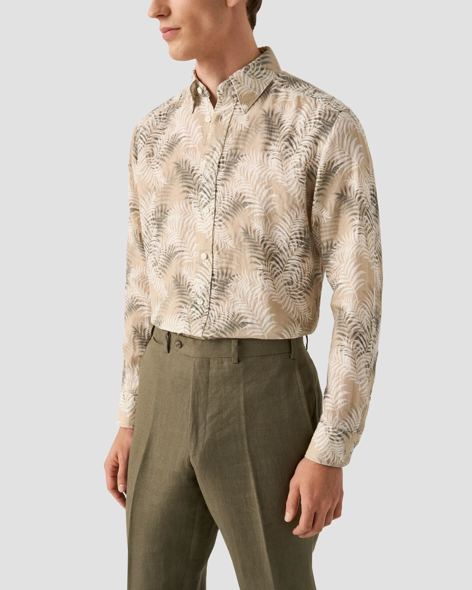 Eton - beige leaf print linen shirt