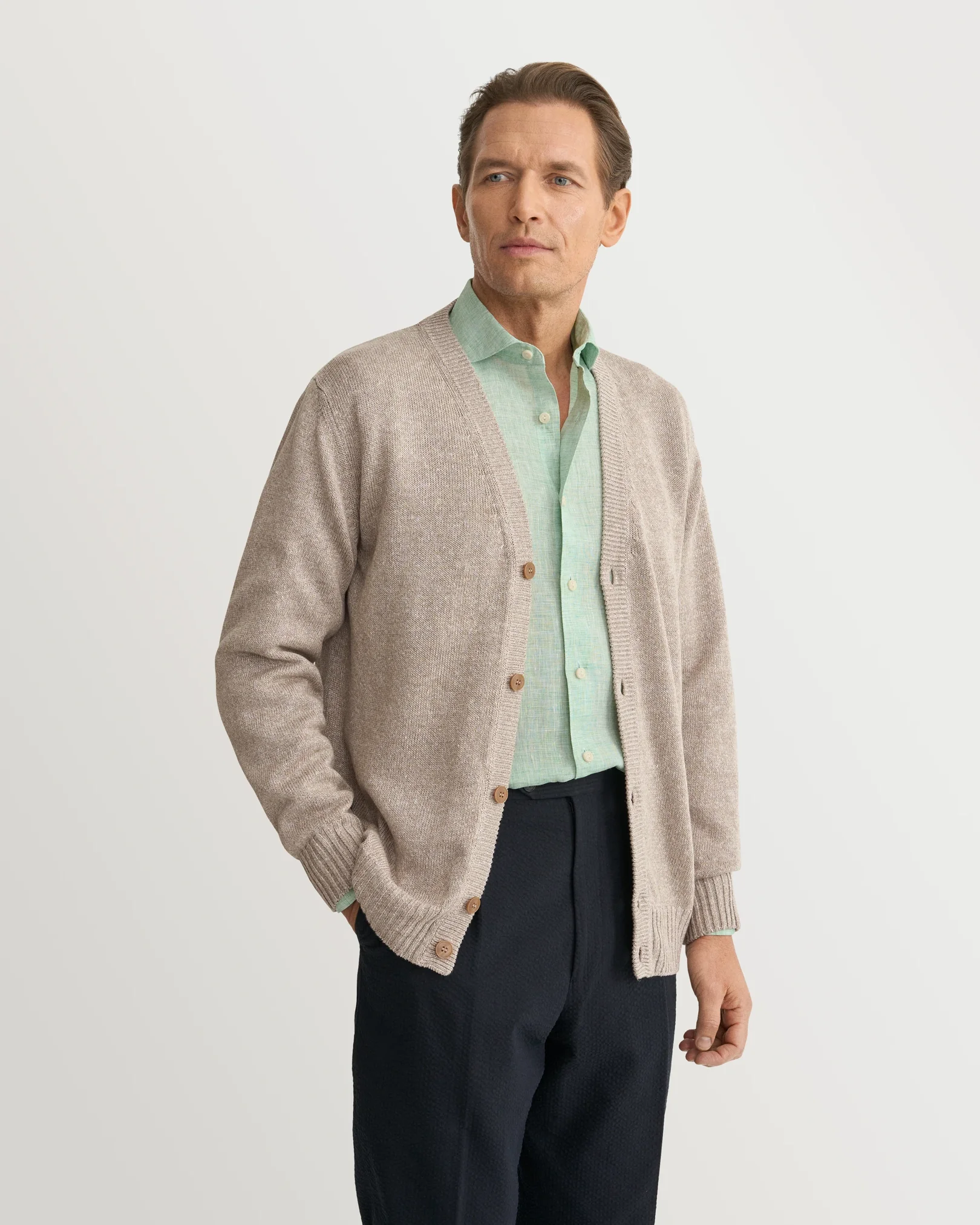Eton - mid green solid linen shirt 261