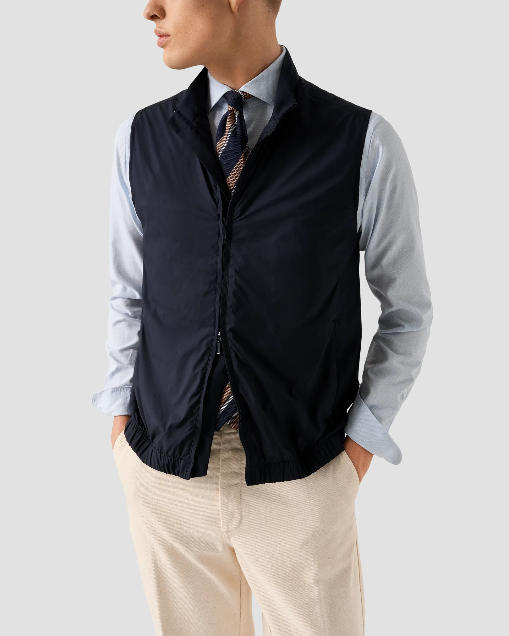 Eton - navy blue solid wind vest with elastic hem