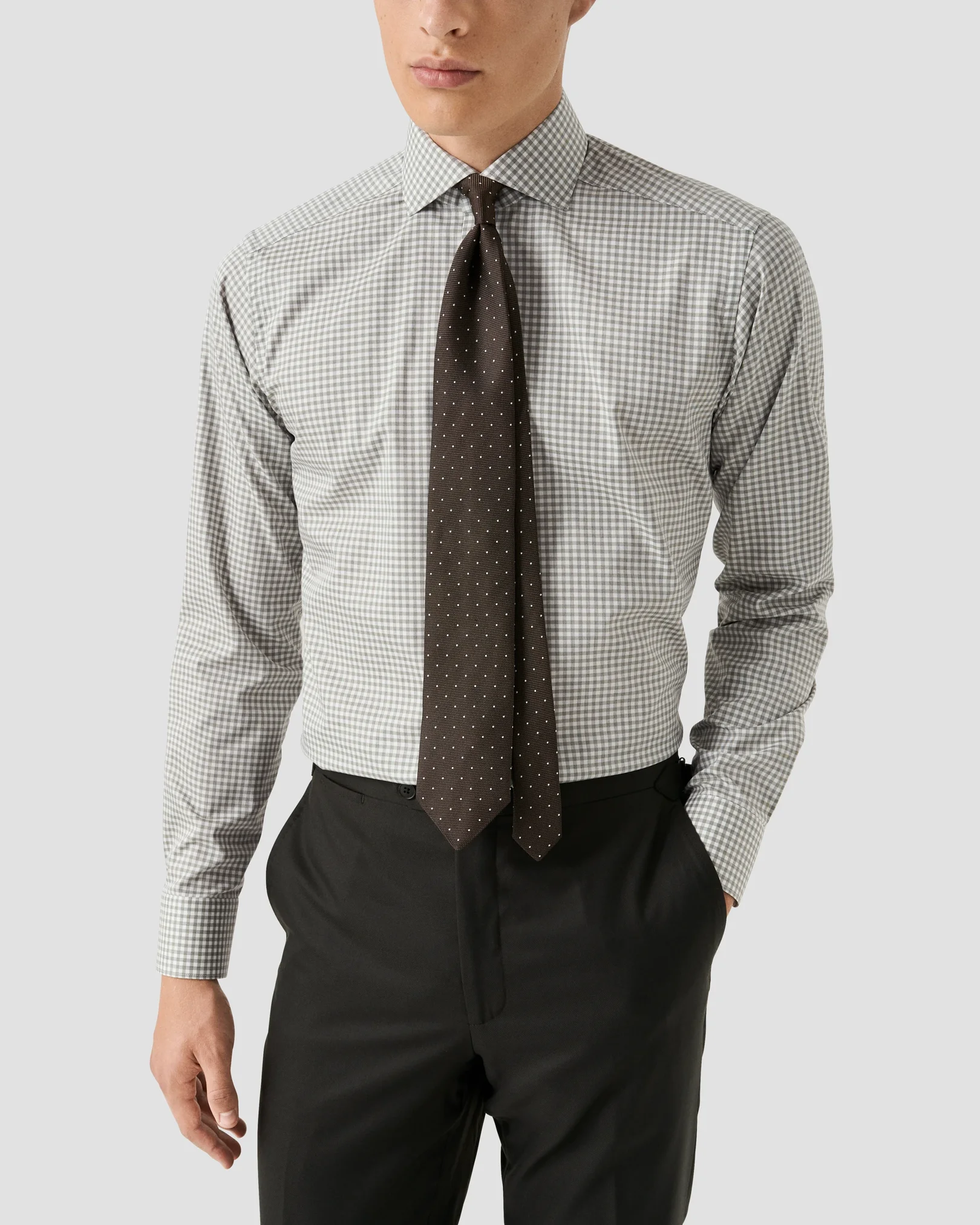 Eton - mid green check melange twill shirt