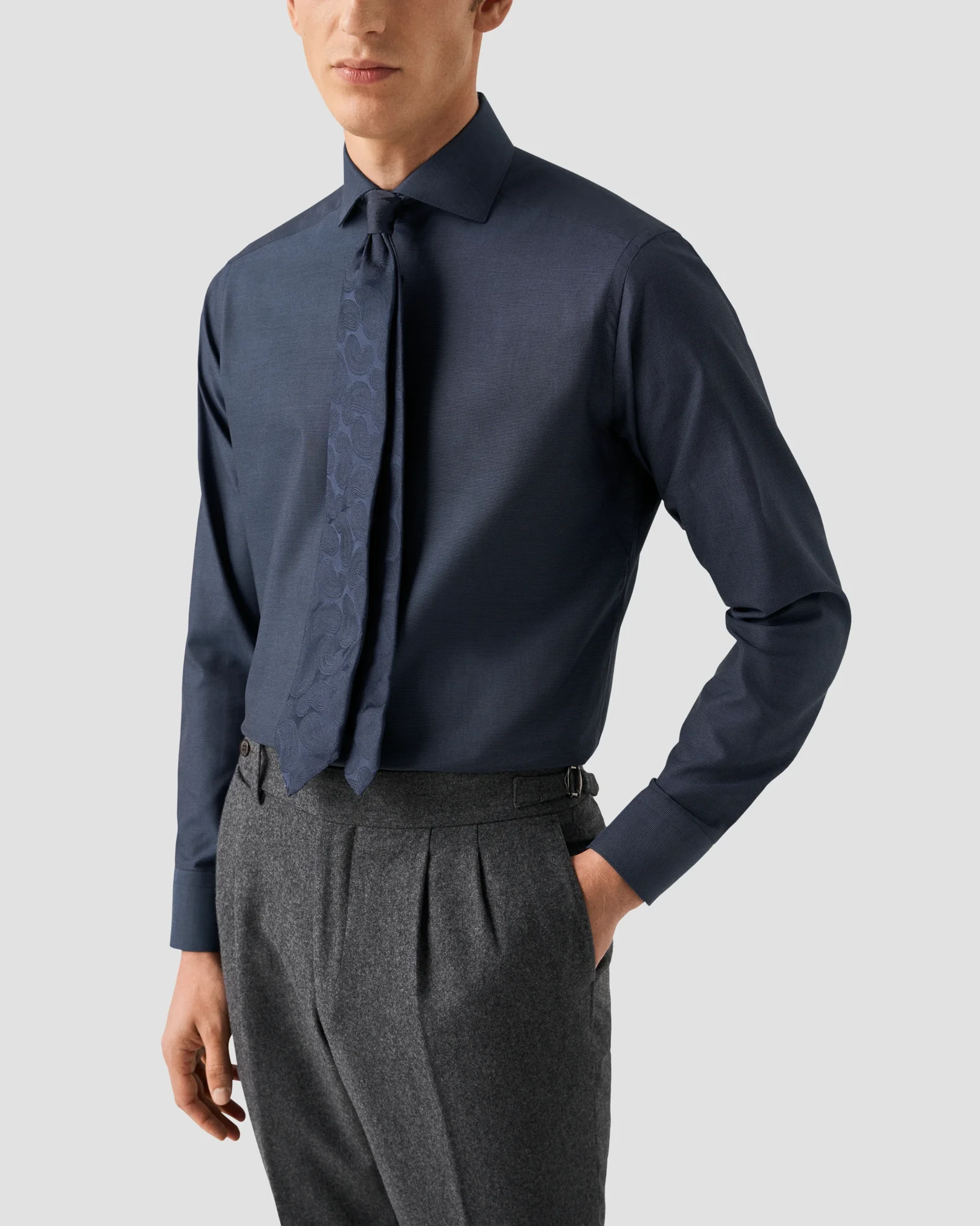 Eton - navy blue semi solid signature dobby shirt