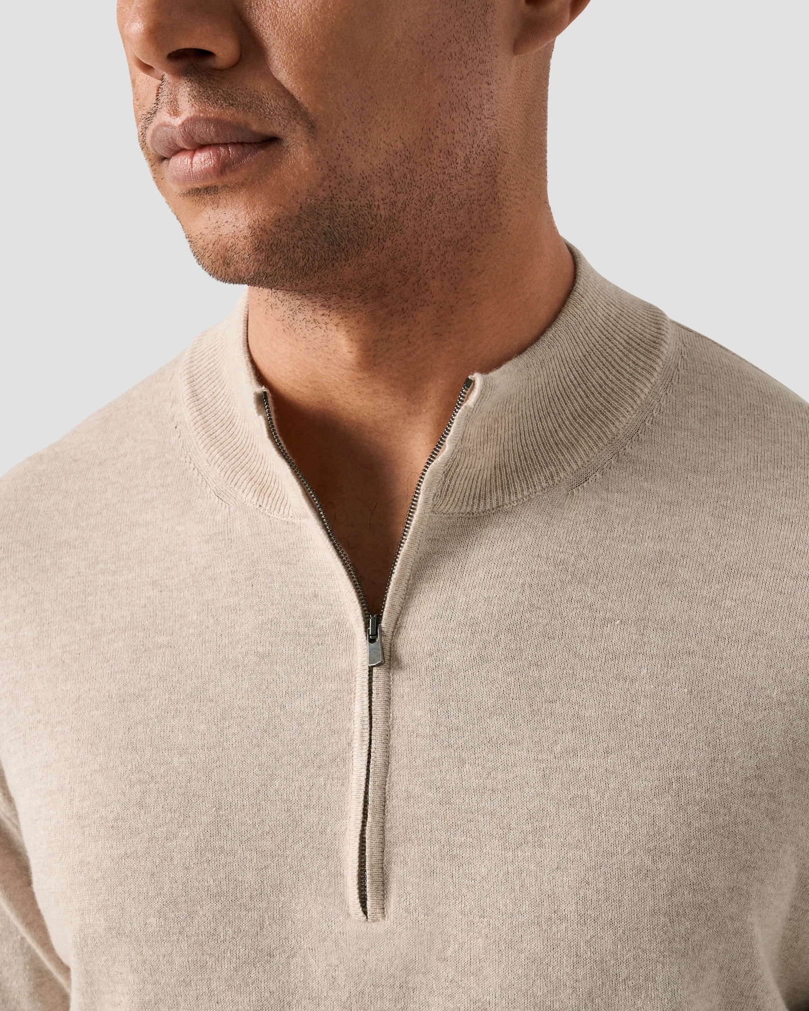 Eton - beige cotton and cashmere quarter zip fine knit