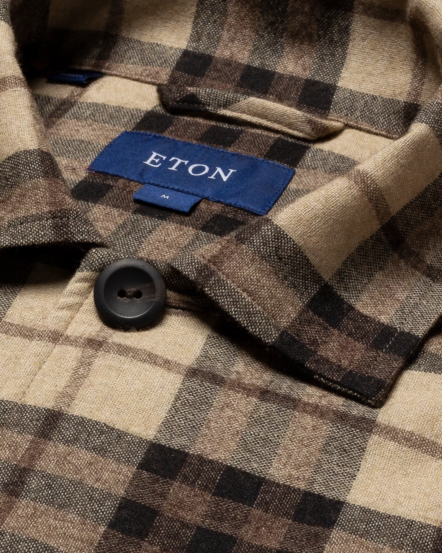 Eton - brown checked cotton wool cashmere overshirt turn down single cuff pointed strap regular