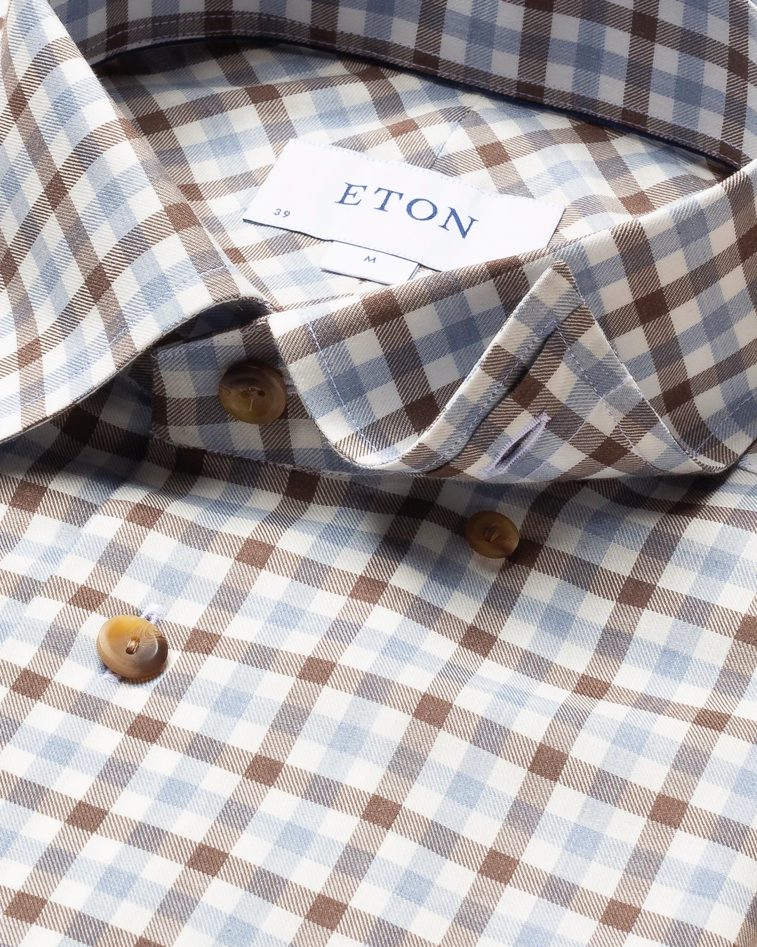 Eton - brown blue on white checks flanell shirt button under