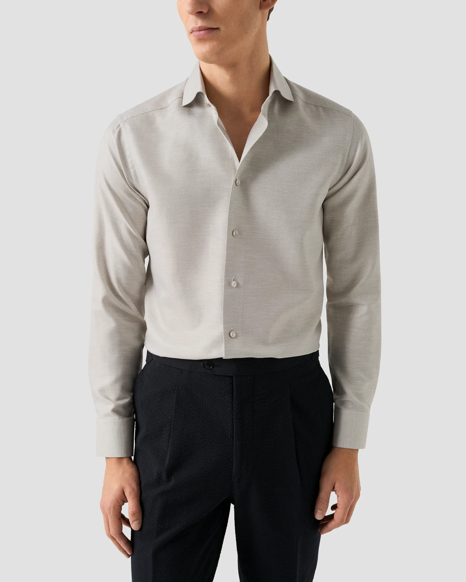 Eton - beige semi solid cotton linen shirt 261