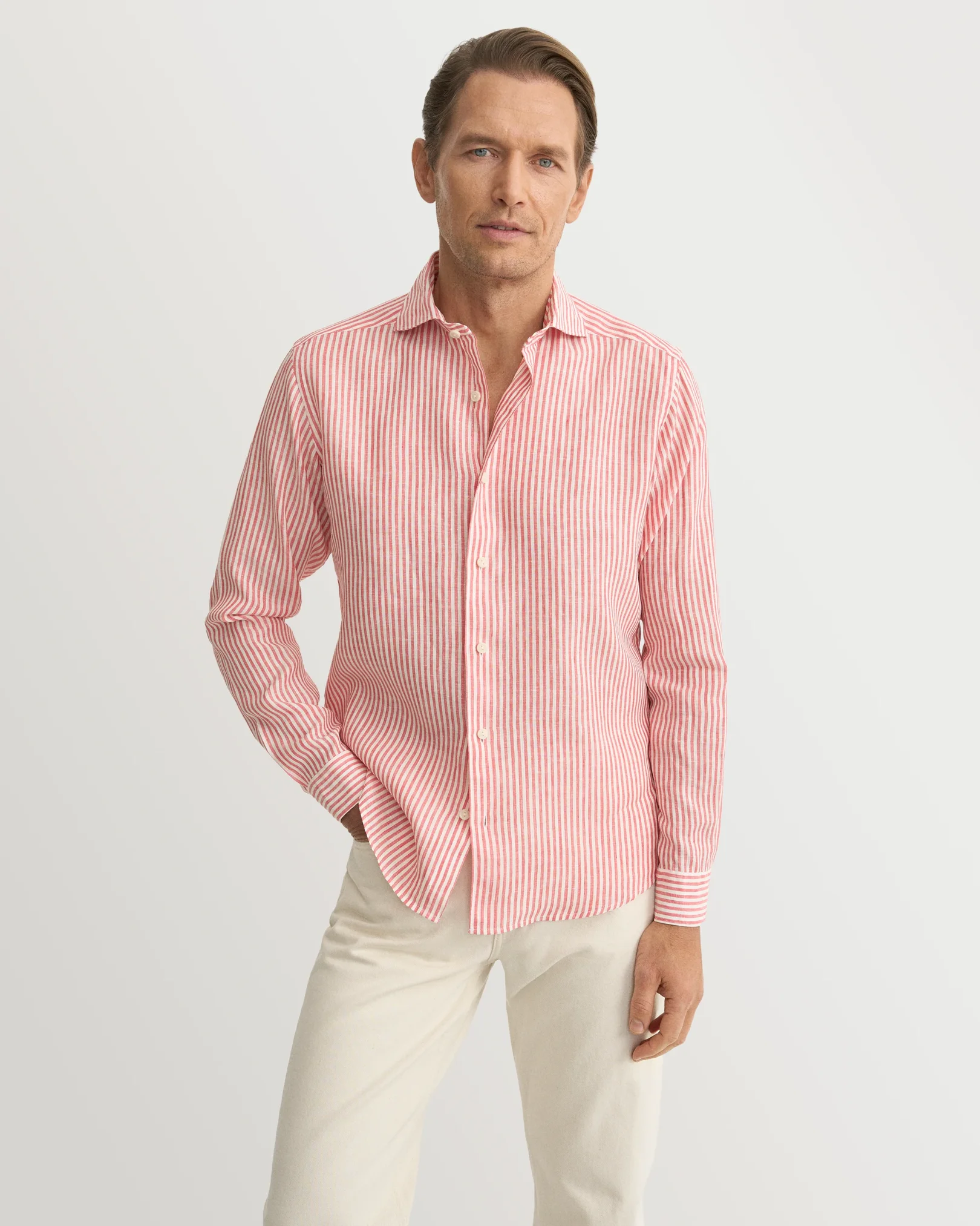 Eton - red striped linen shirt wide spread