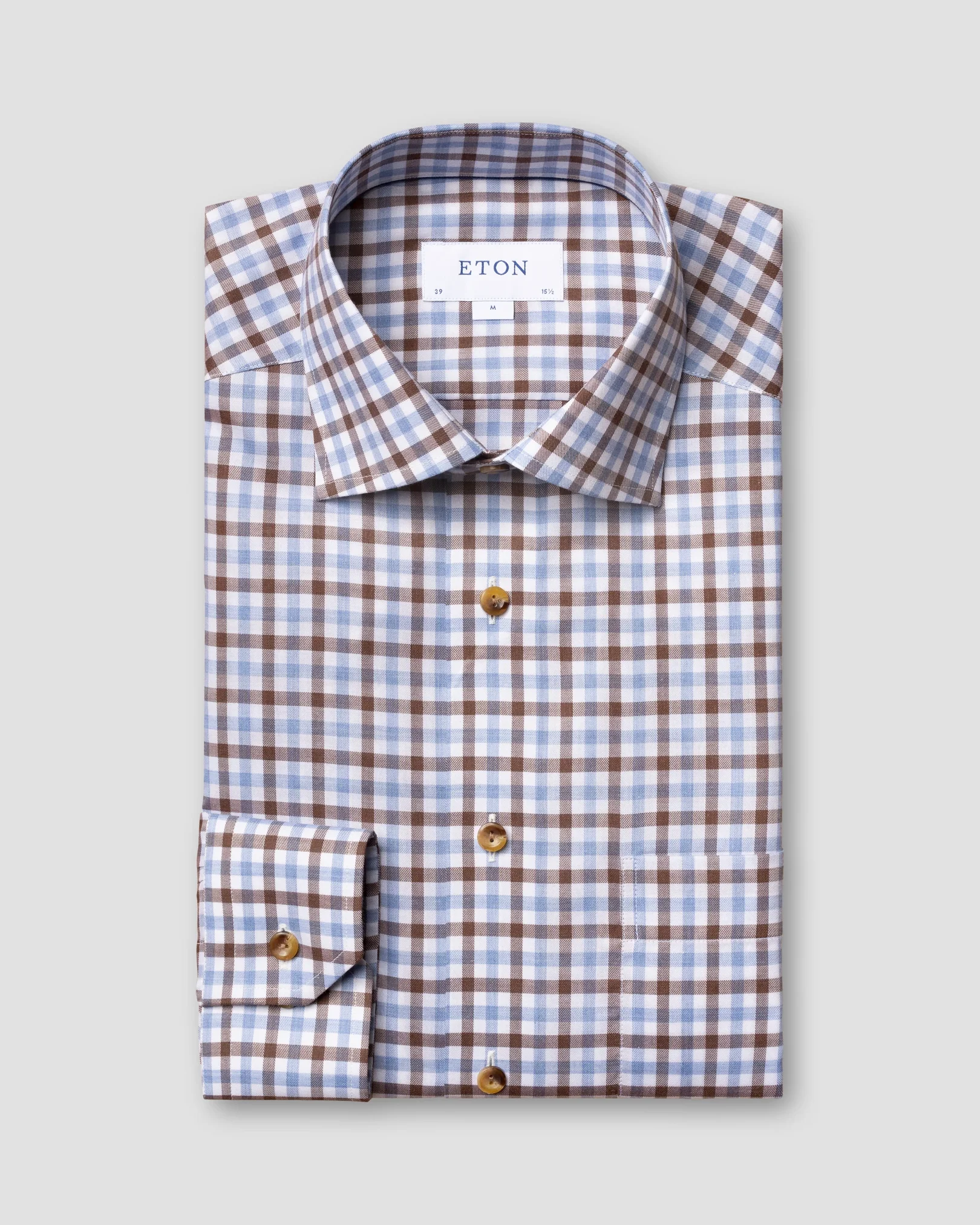 Eton - brown blue on white checks flanell shirt
