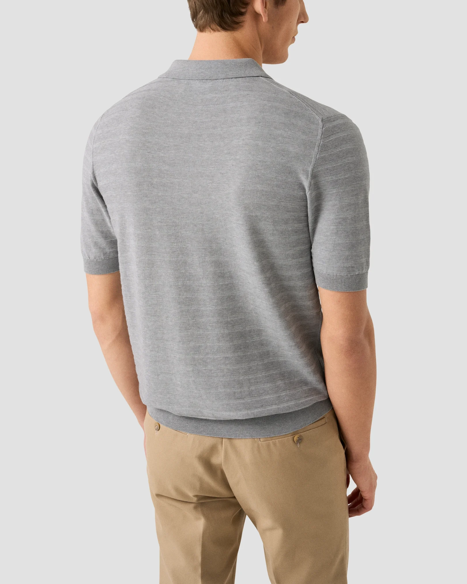 Eton - light grey horisontal striped fine knit polo shirt