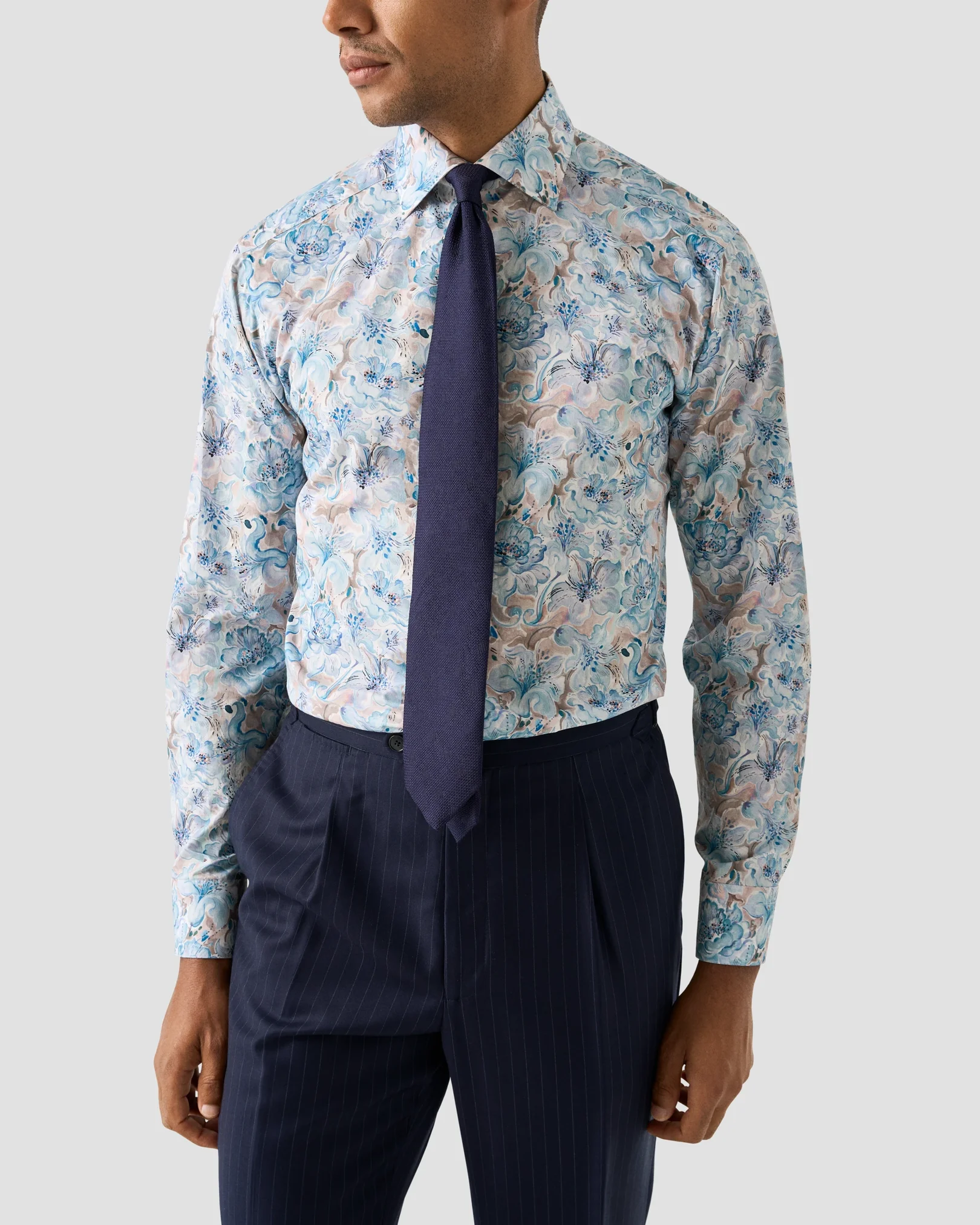 Eton - light blue floral print fine twill shirt