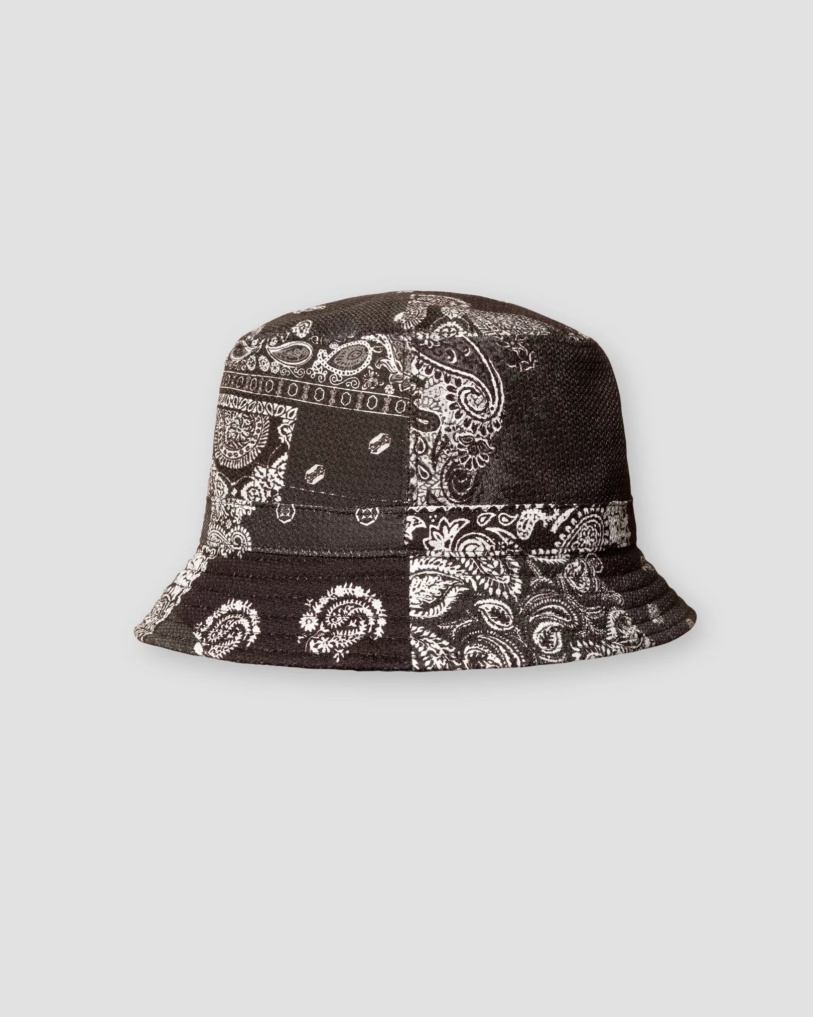 Schwarzer Bucket Hat aus Dobby mit monochromem Patchwork-Print