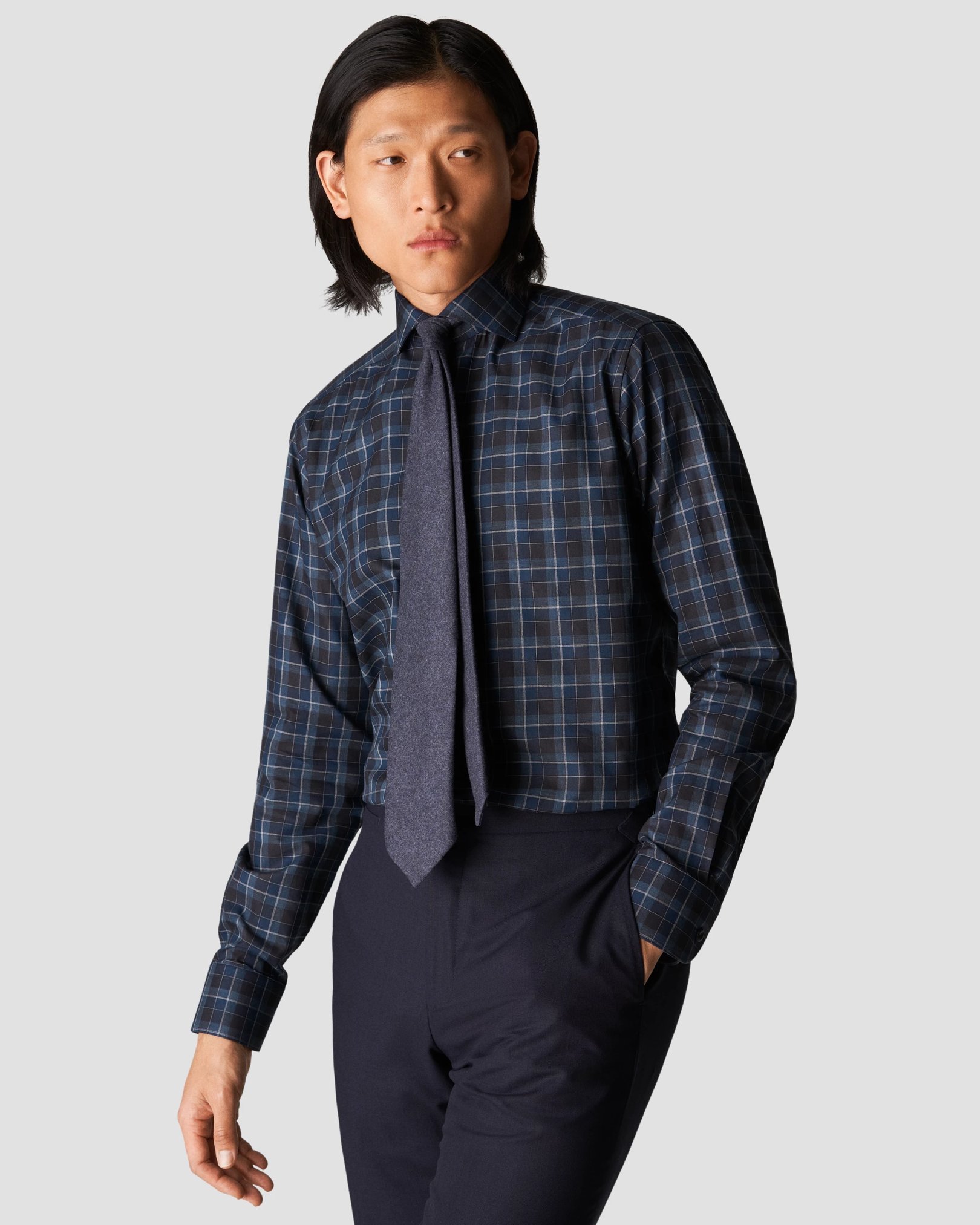Eton - navy blue flannel shirt wide spread