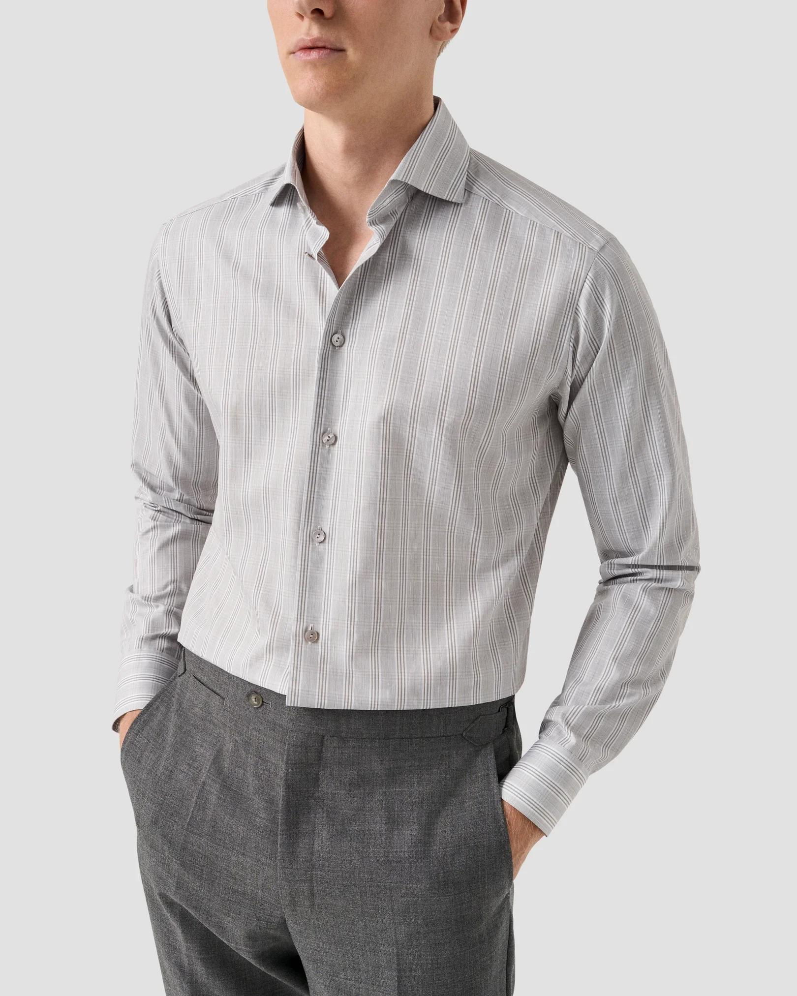 Eton - brown check cotton linen shirt