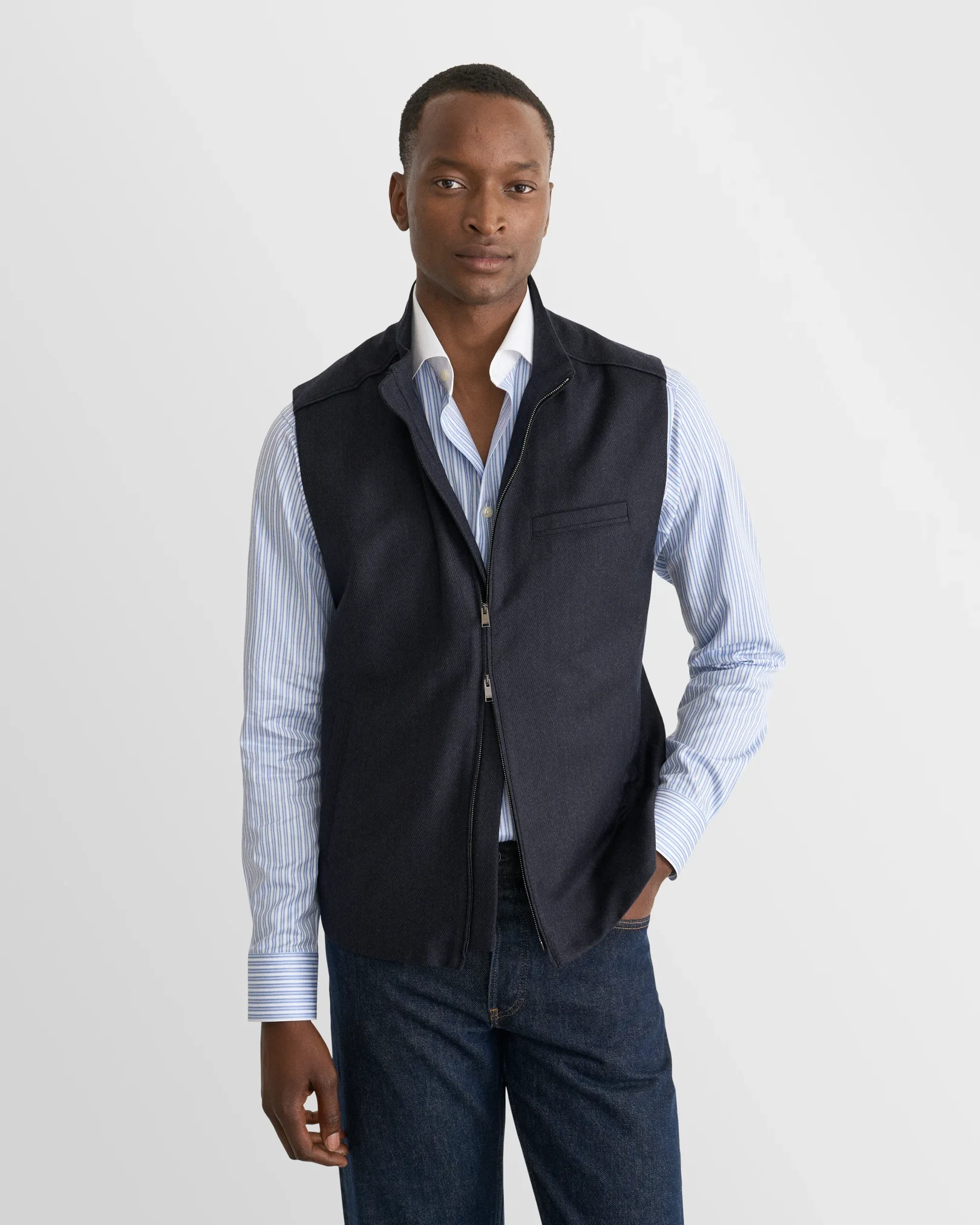 Eton - mid blue white collar striped signature twill shirt