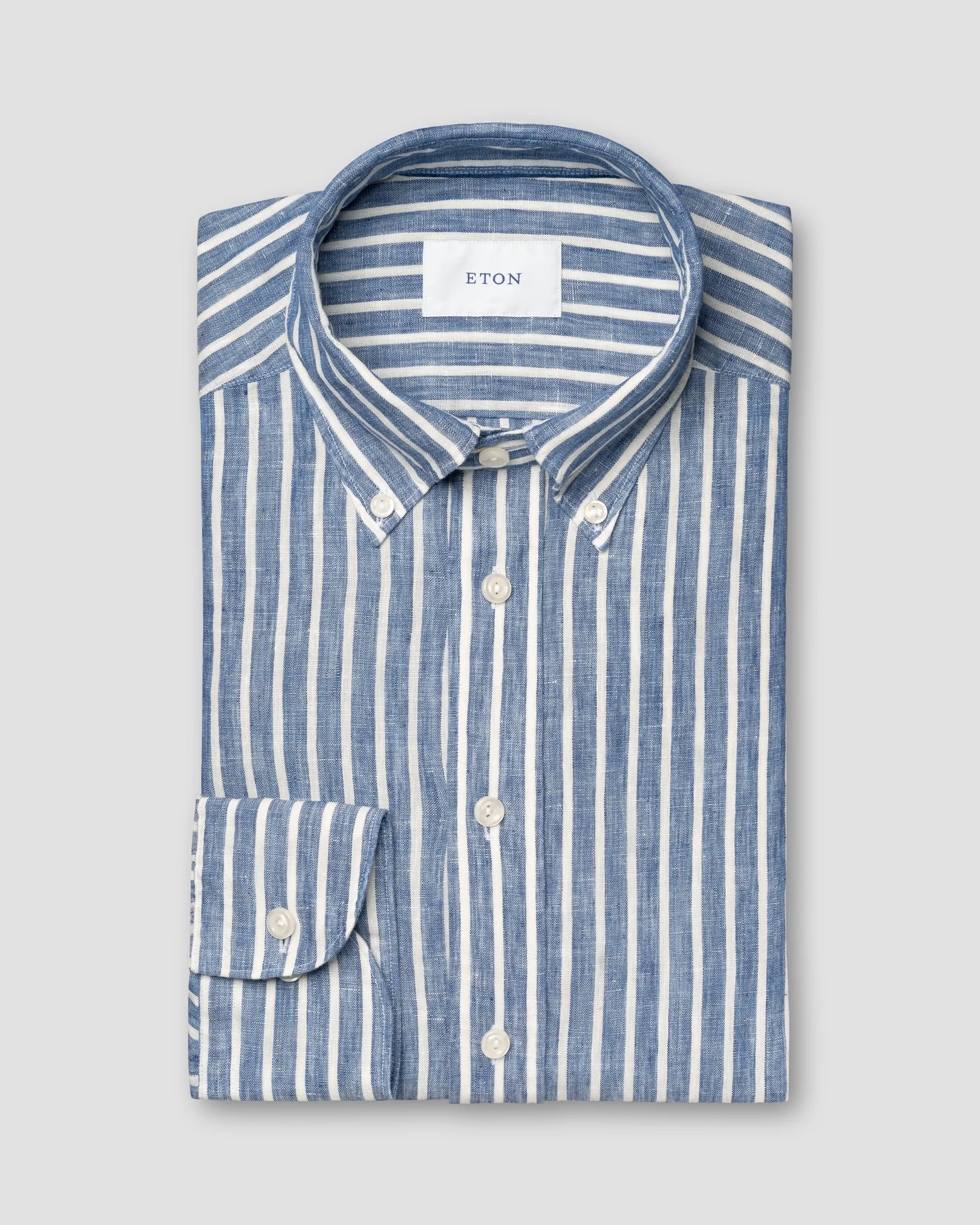 Eton - mid blue striped linen shirt button 251