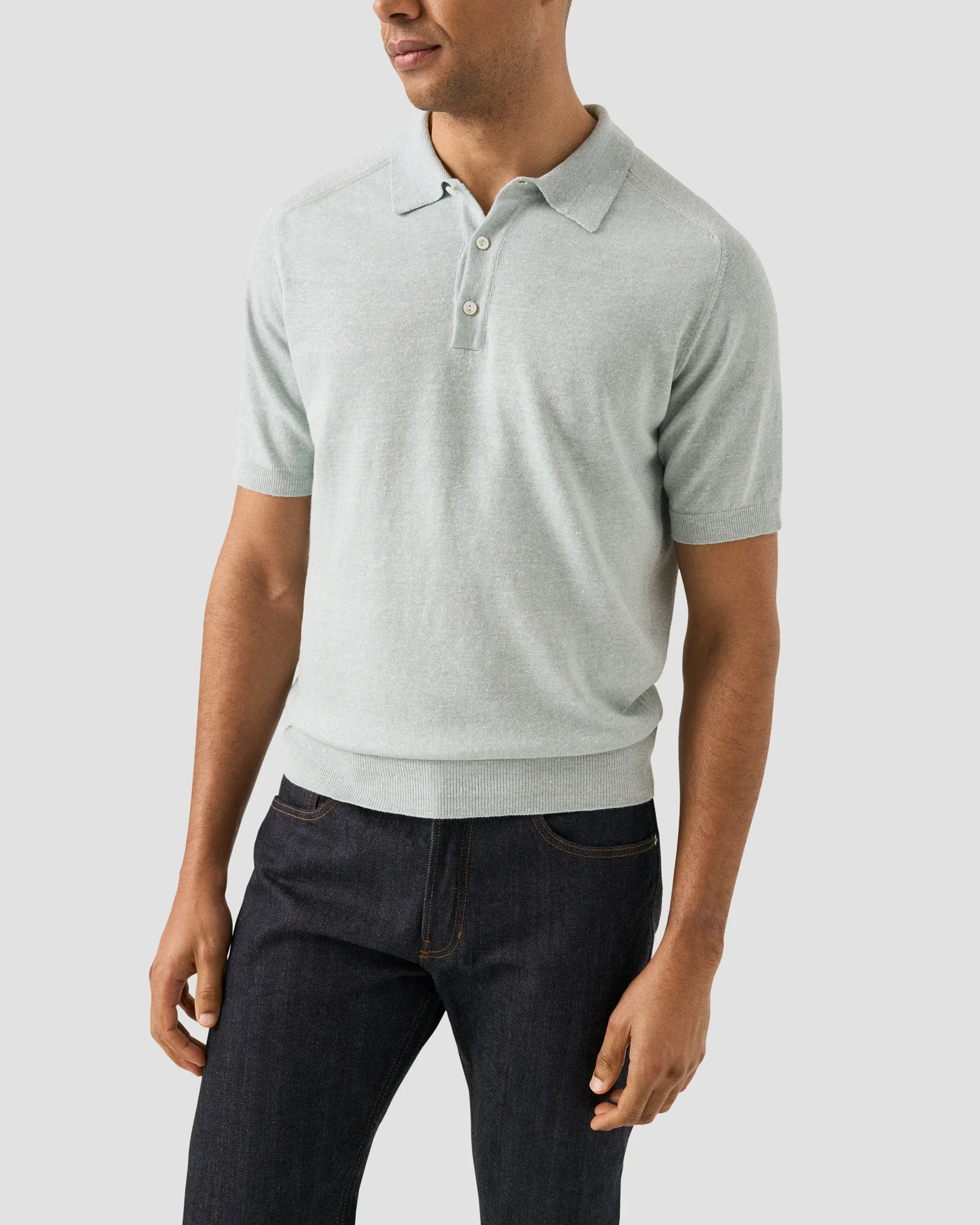 Eton - light green cotton linen fine knit polo shirt