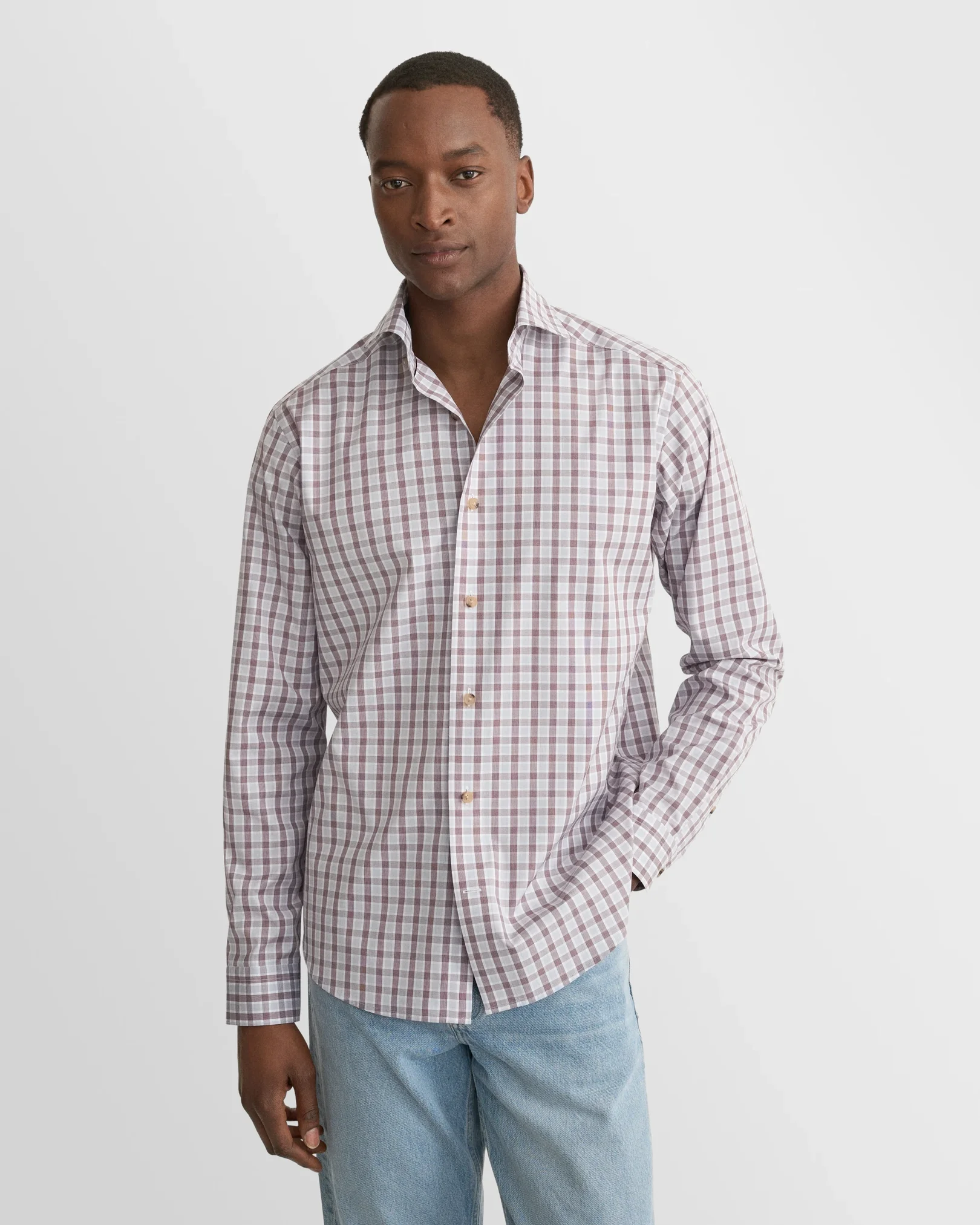 Eton - dark red check lighweight poplin shirt