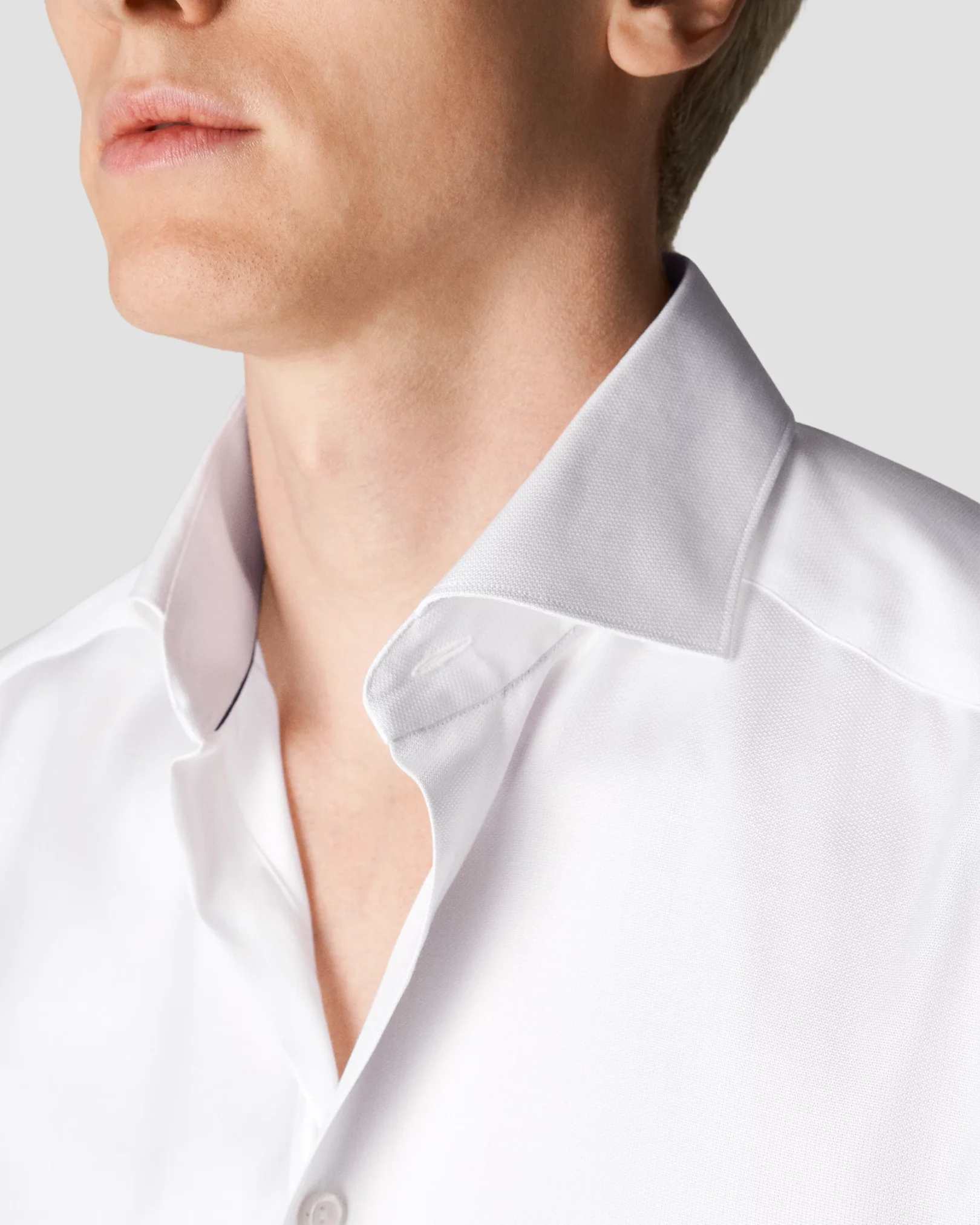 Eton - white cotton lyocell stretch wide spread rounded single one buttonhole slim