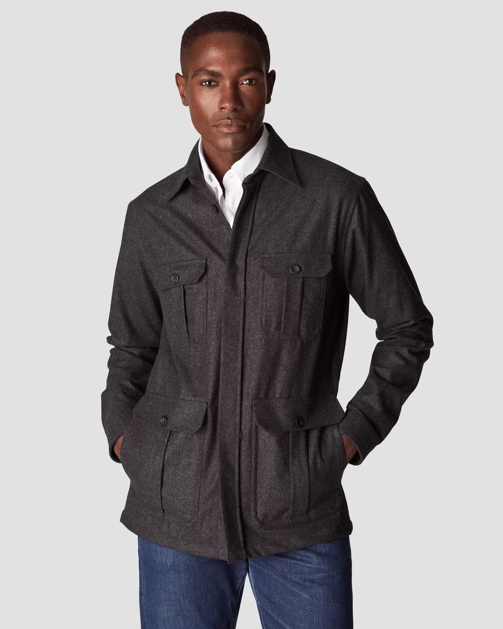 Eton - dark grey wool twill soft pointed single cuff pointed strap casual