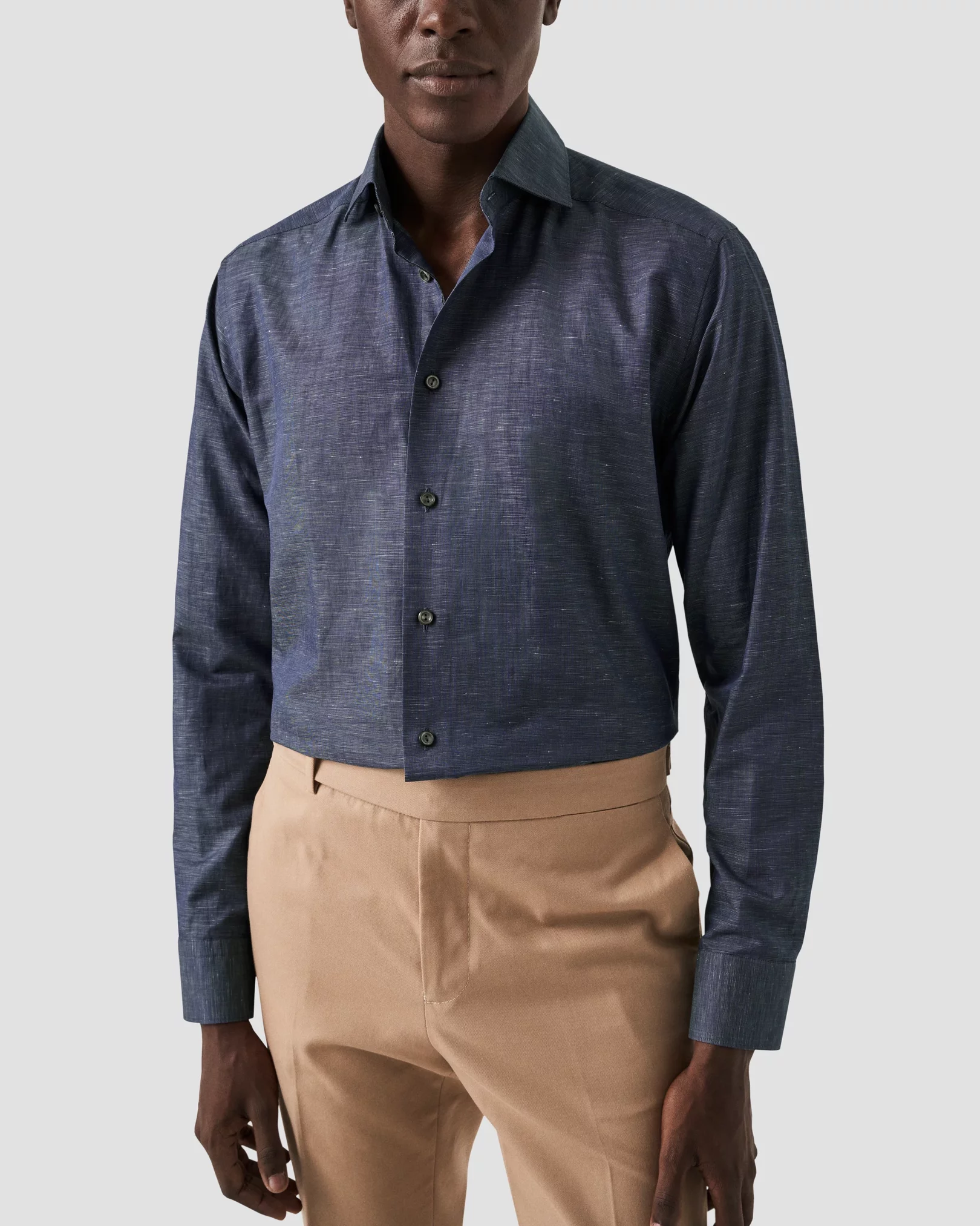Eton - solid navy cotton linen shirt