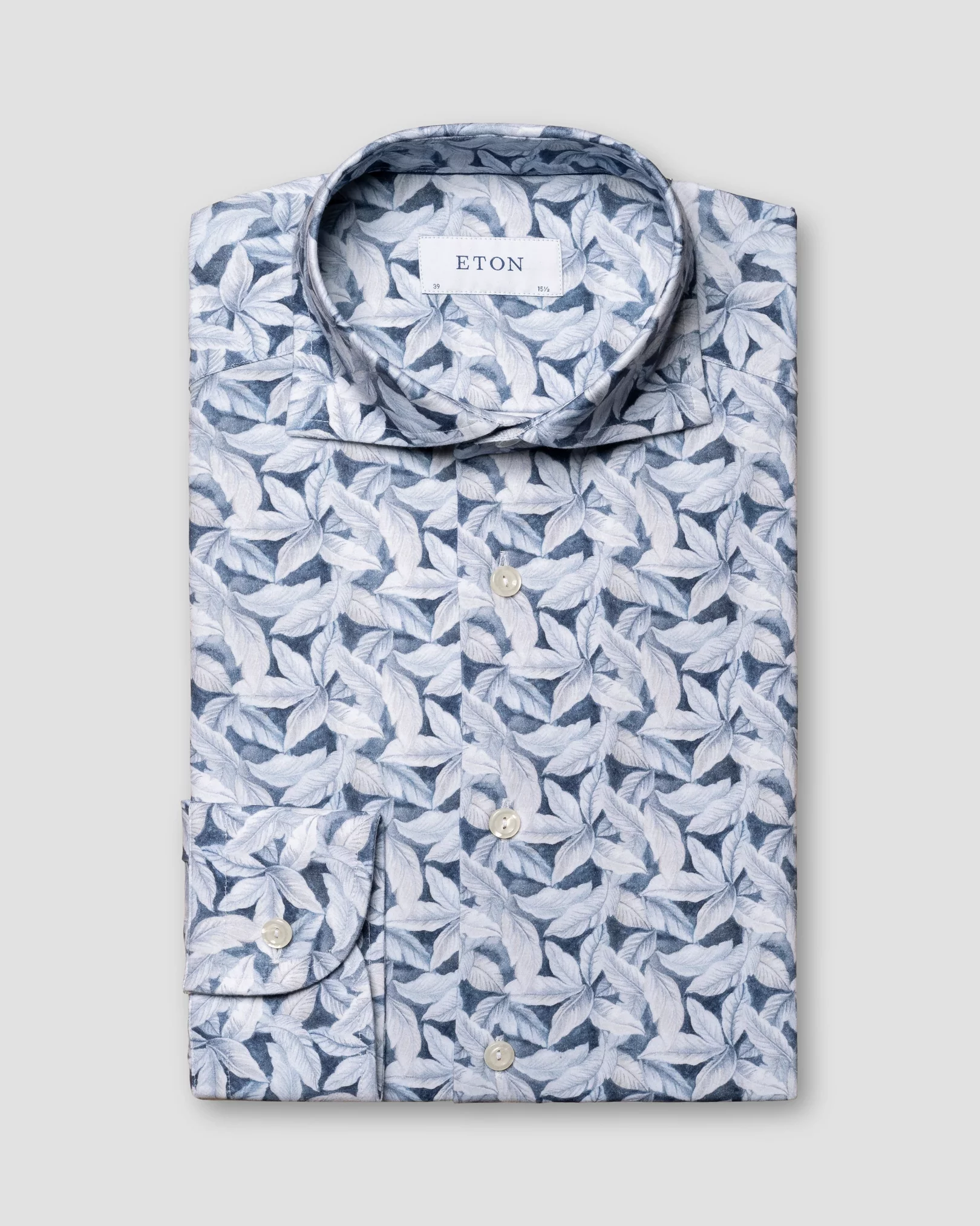 Hellblaues Vier-Wege-Stretch-Baumwollhemd mit Palmen-Print