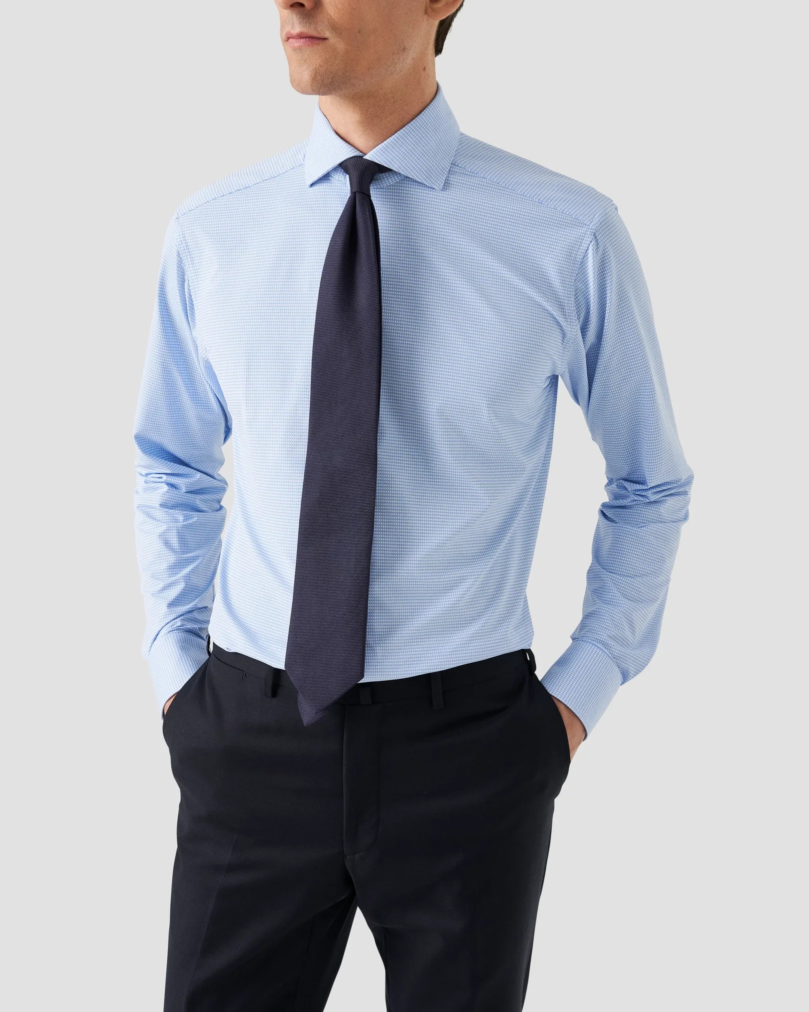 Eton - Chemise à micro-carreaux bleu clair en tissu stretch quadri-extensible