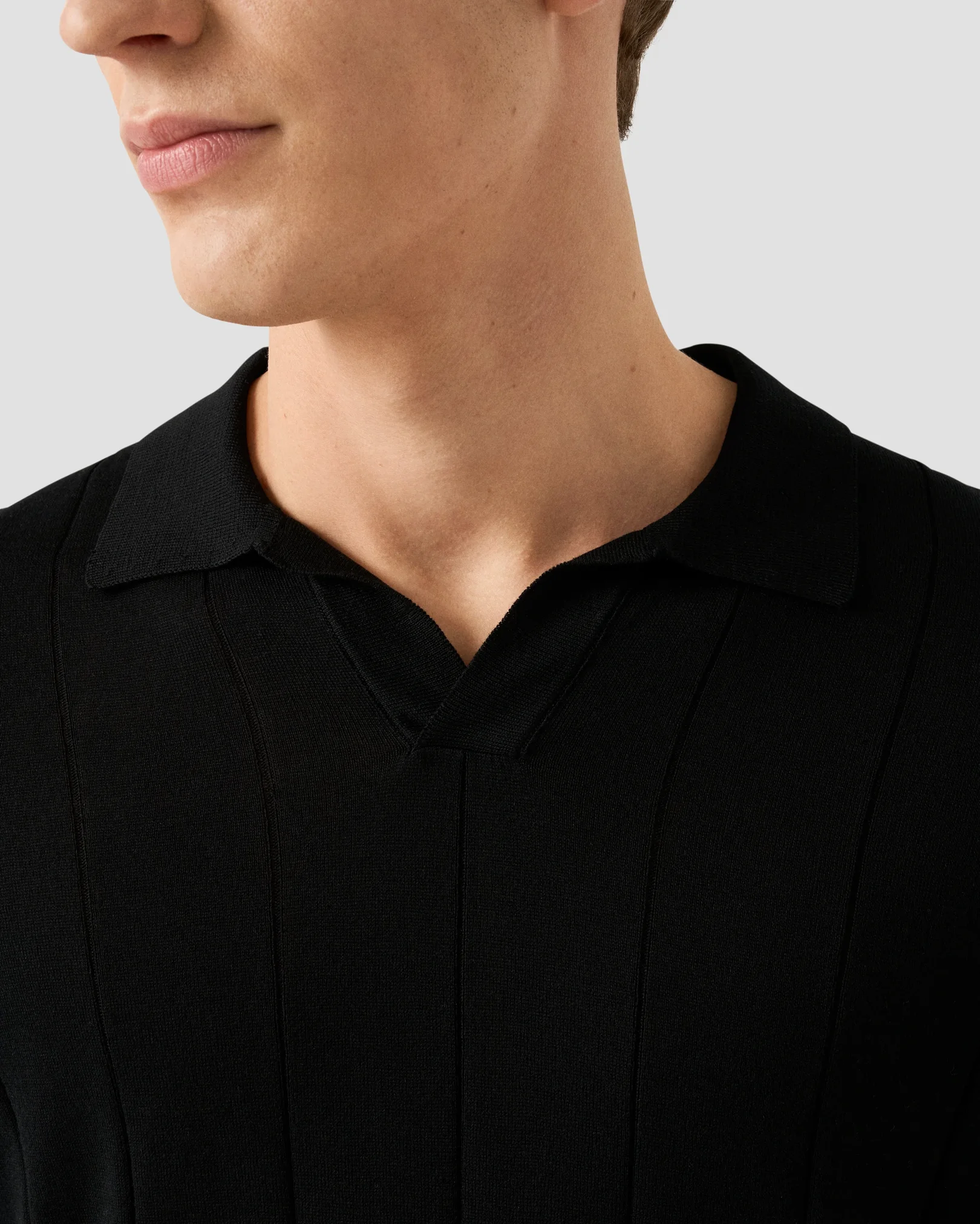 Eton - black cotton and silk open collar fine knit polo shirt