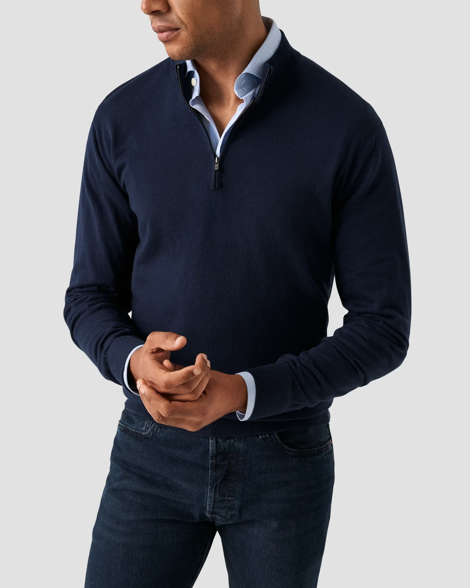 Eton - navy blue cotton and cashmere quarter zip fine knit