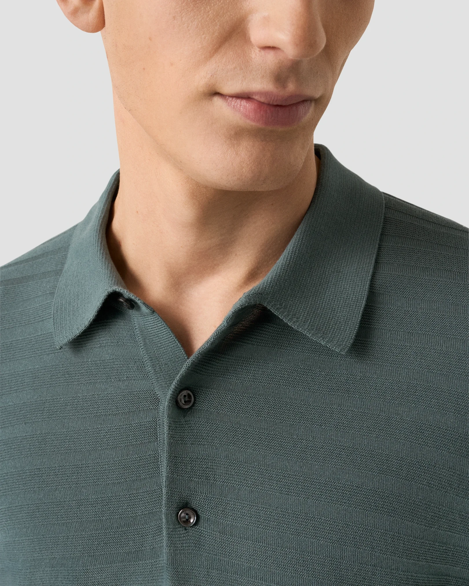 Eton - mid green horisontal striped fine knit polo shirt