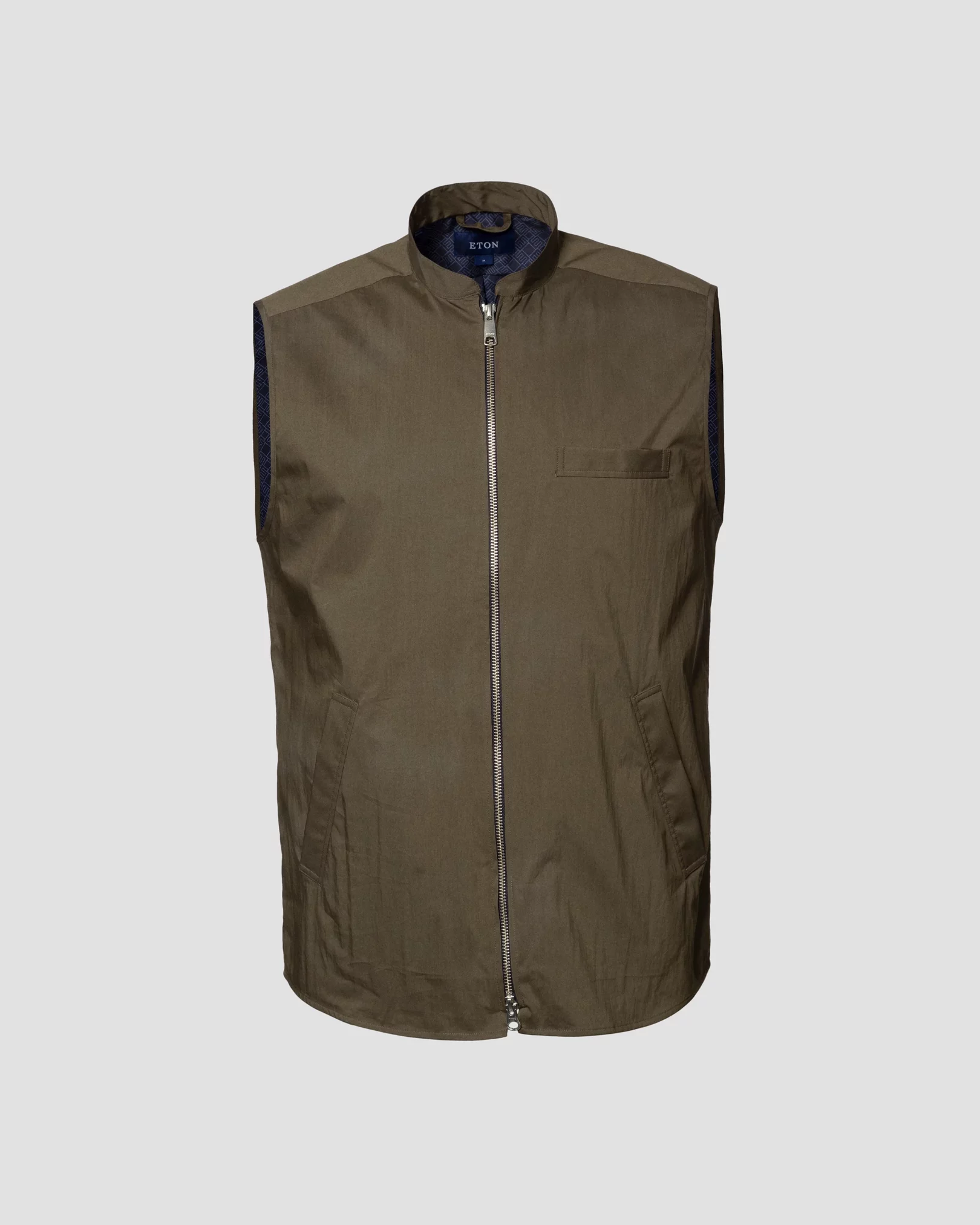 Eton - dark green cotton and nylon stand collar low sleeve less vest