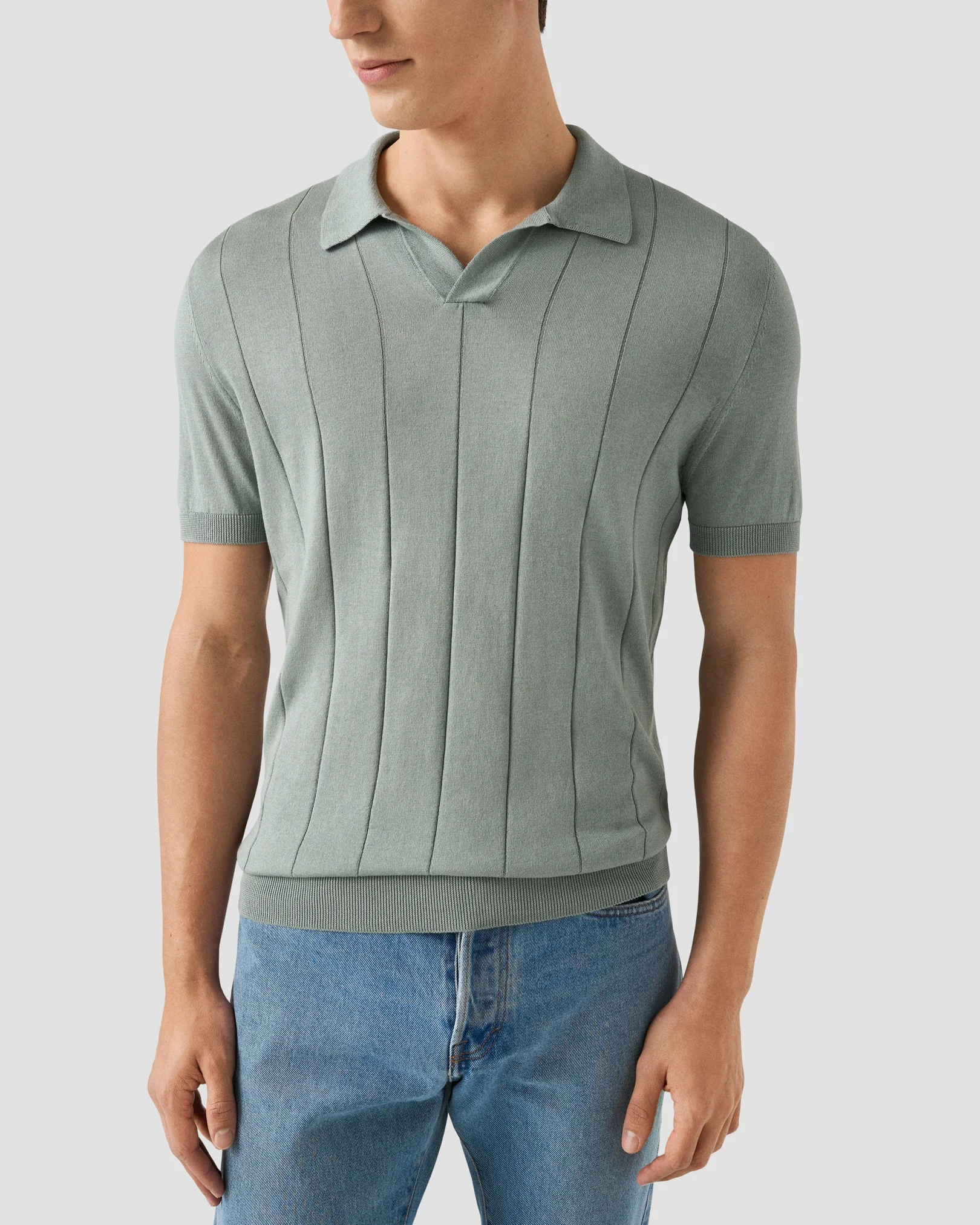 Eton - light green cotton and silk open collar fine knit polo shirt