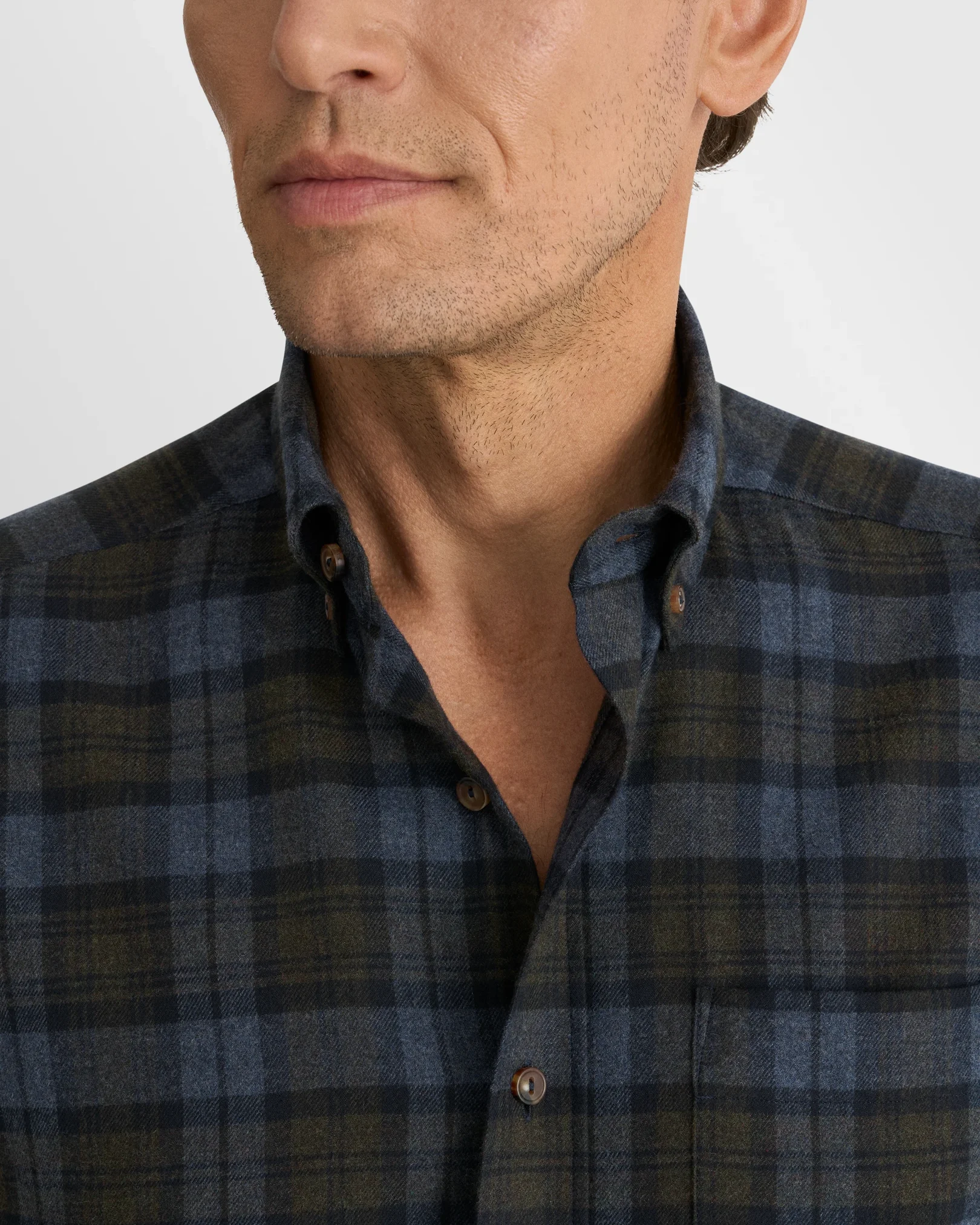 Eton - navy blue plaid check flannel shirt