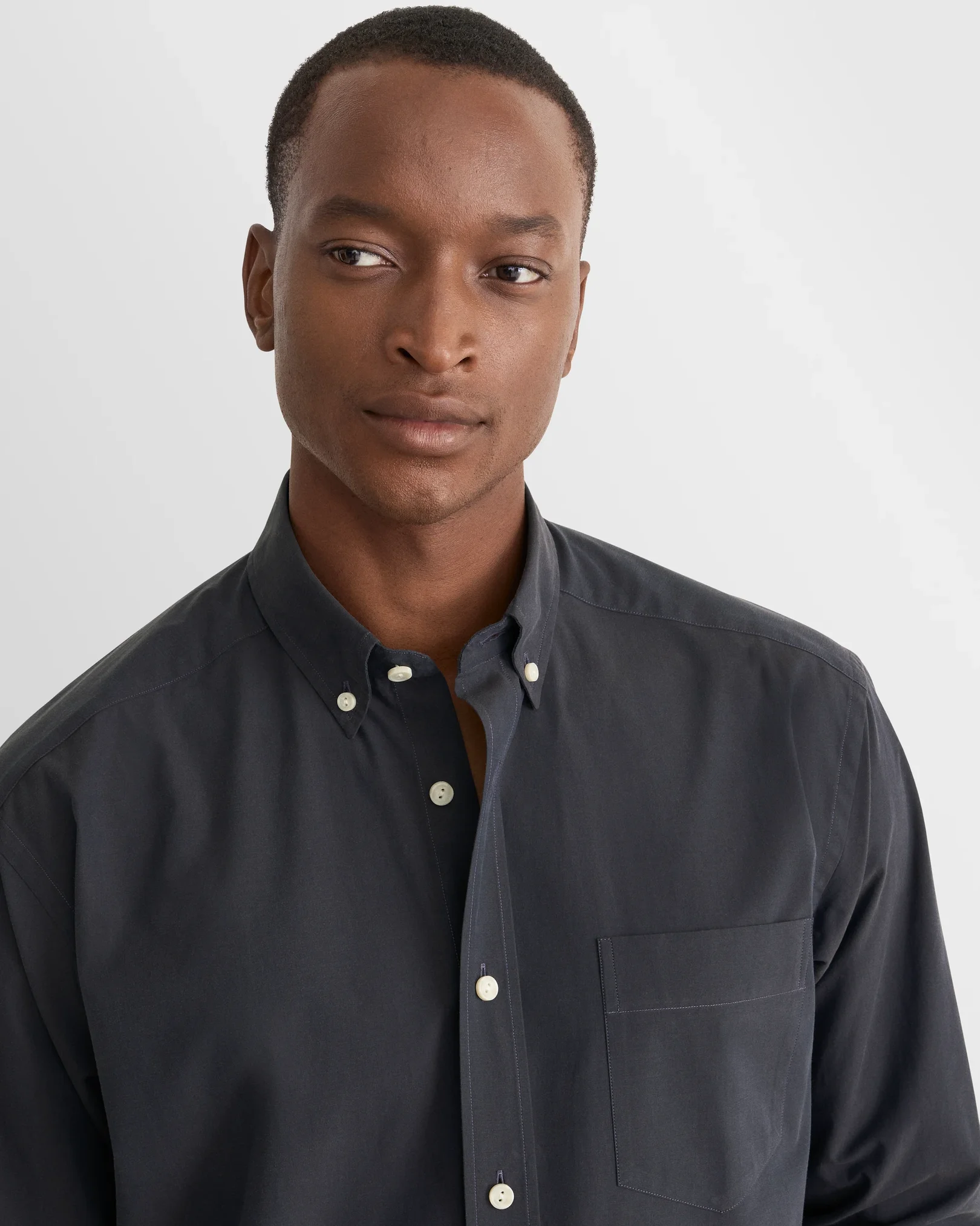 Eton - navy blue solid peached poplin shirt